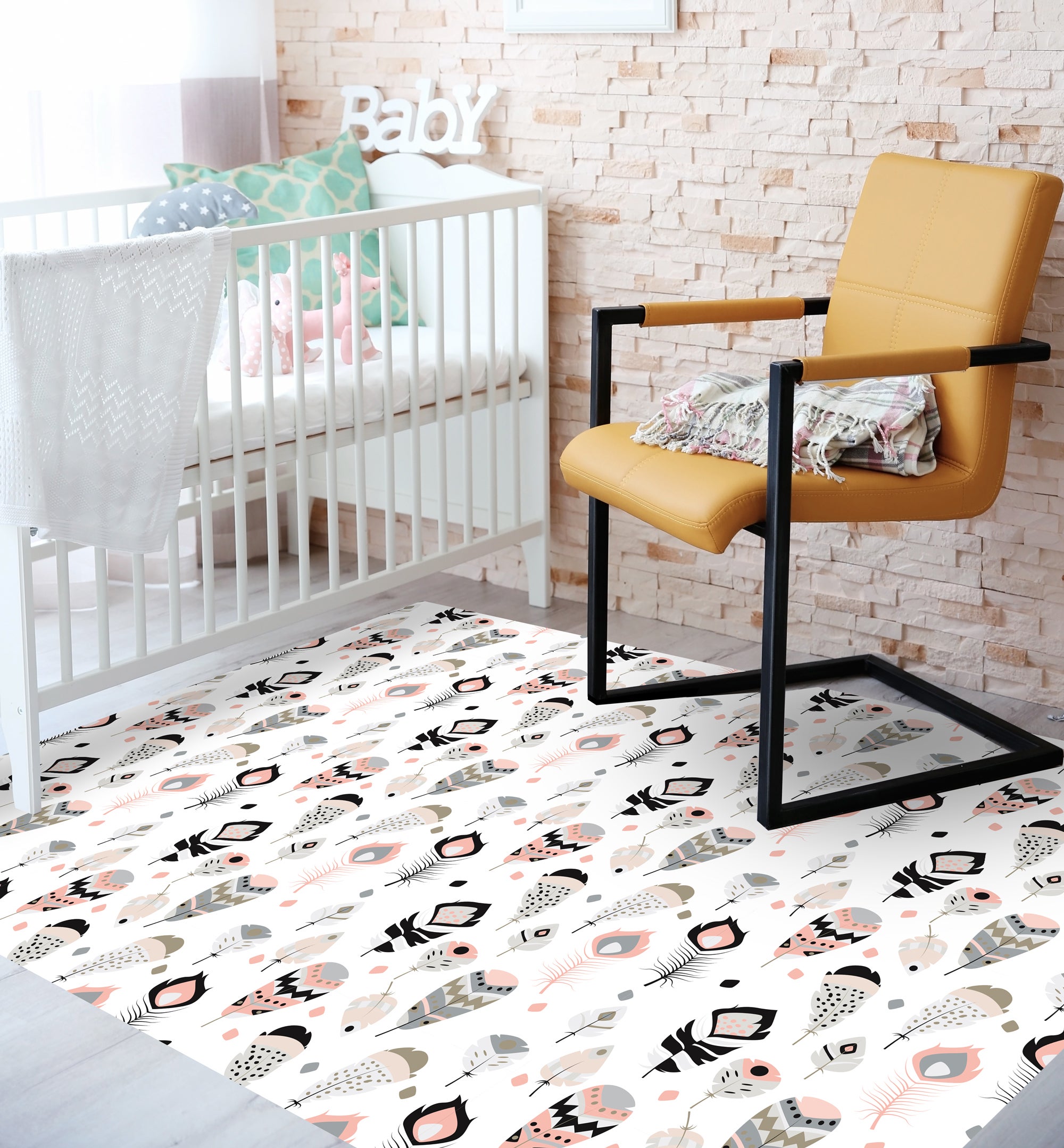 Tapis antidérapant en vinyle pour enfants Plumas boho 60x120 cm - PVC imprimé, lavable, ignifuge, pour la chambre d'enfant - 6
