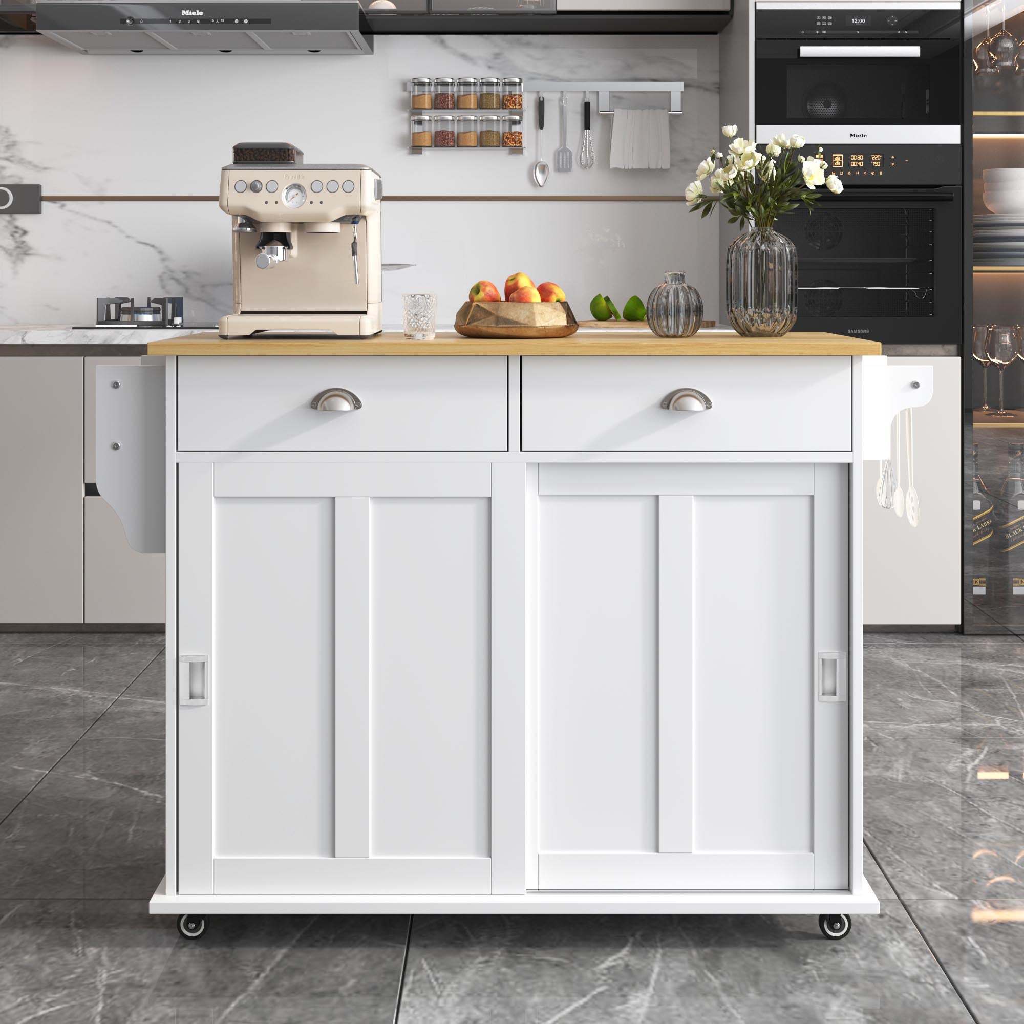 Carro de comedor con mesa plegable de madera, 112x40(70)x94 cm, almacenaje práctico con ruedas y patas de madera maciza para cocina y comedor