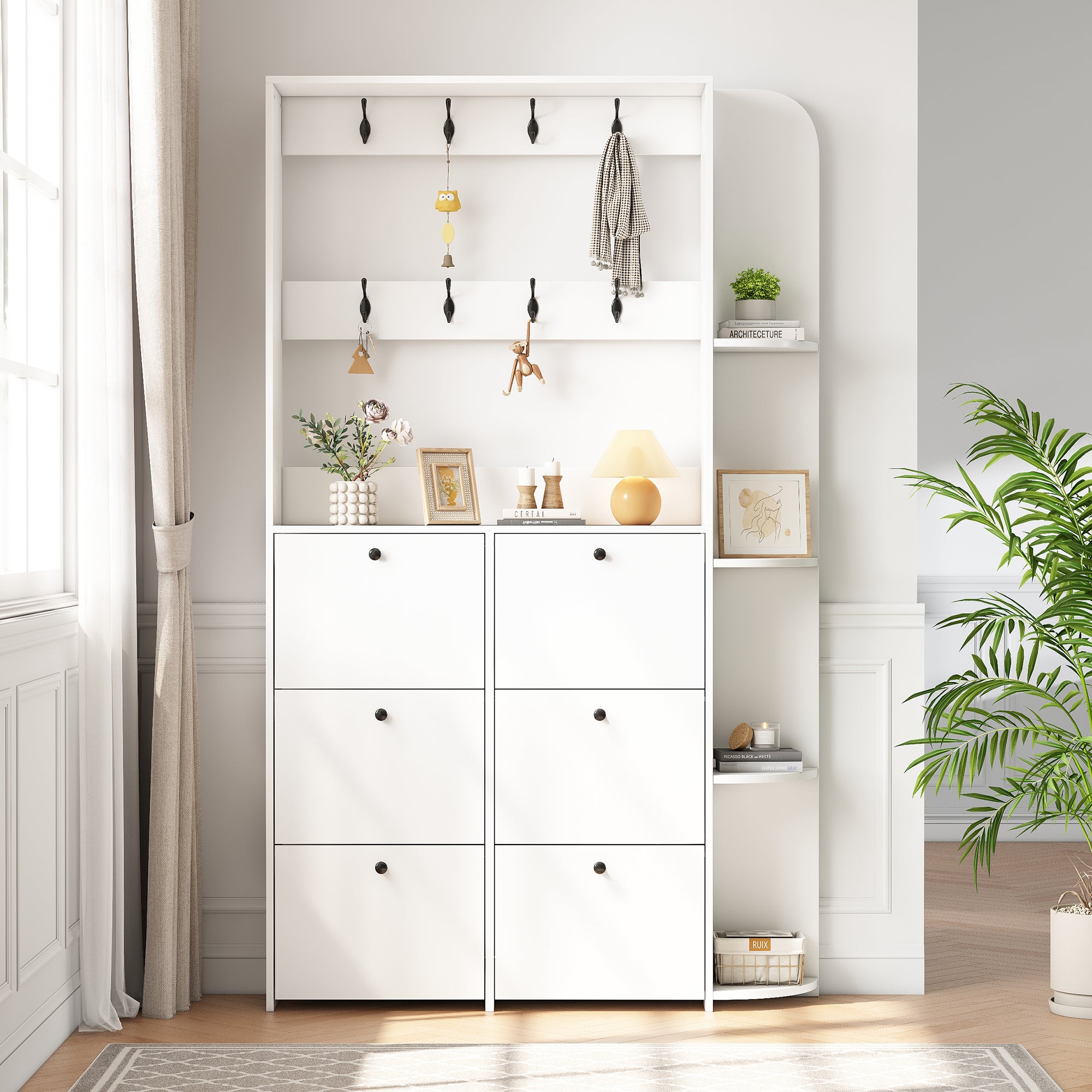 Zestaw szafek do przedpokoju 120 x 24 x 200 cm - Z 6 szafkami na buty - 8 wieszakami - Z 5 półkami - Biały - 6