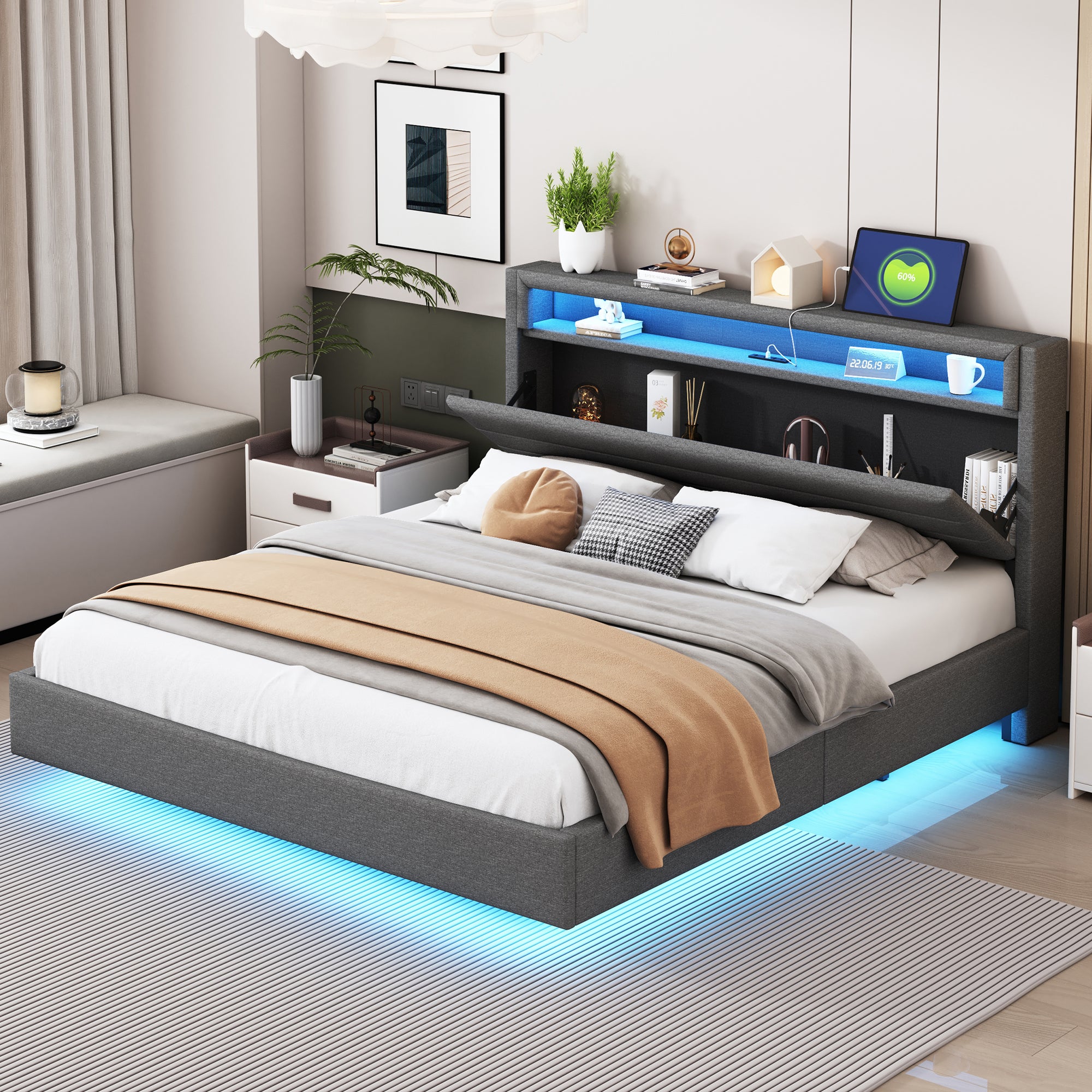 Łóżko tapicerowane 160x200cm w tkaninie lnianej - z wtyczką USB i diodą LED - odwracalne wezgłowie - Szary