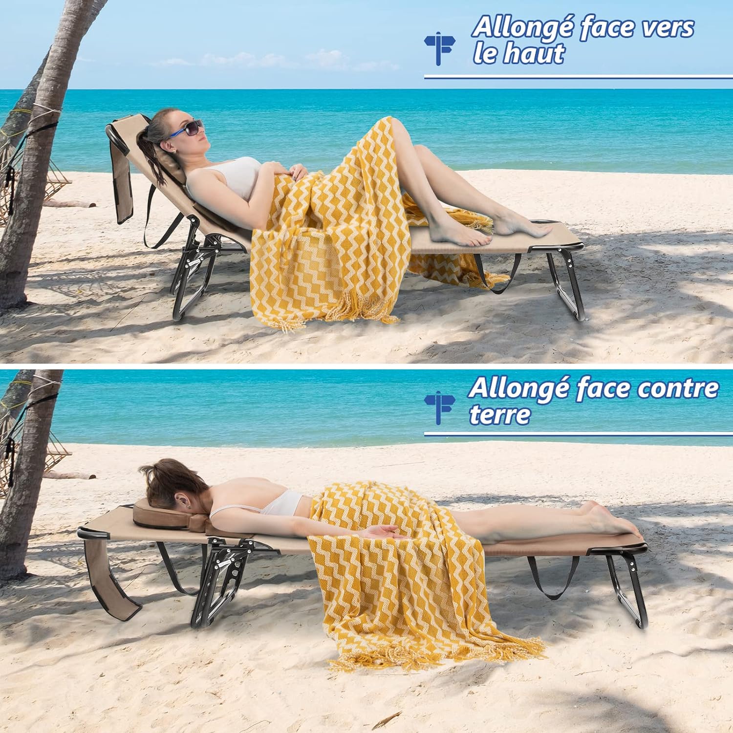 Transat Jardin Extérieur/Chaise Longue Pliante Réglable en 5 Positions, Bain de Soleil avec Trou pour Visage, 3 Coussins Amovibles, Charge 160 KG - 9