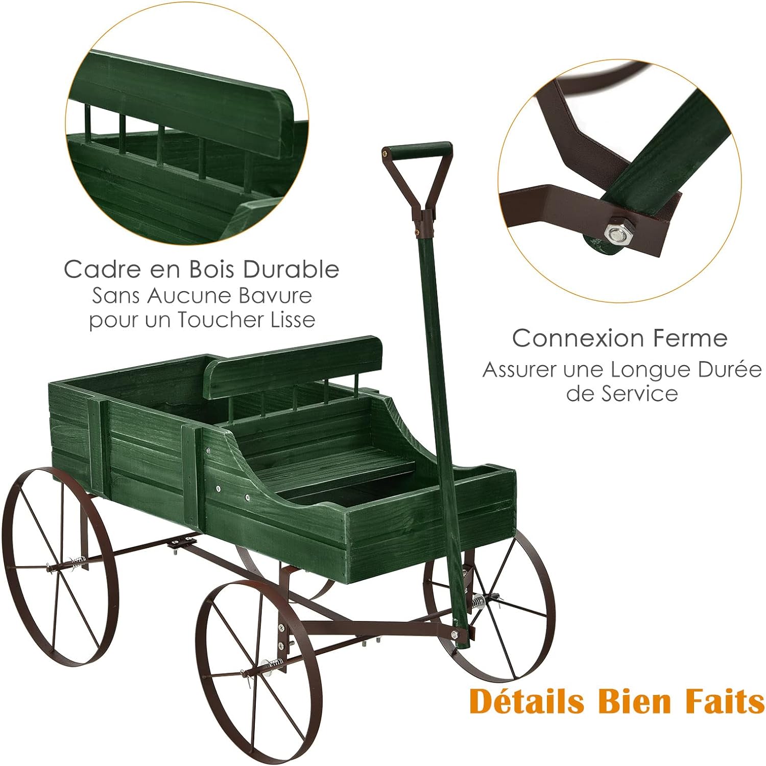Jardinière Forme Brouette Chariot Décoratif en Bois avec Bac de Plantation pour Jardinières,Jusqu’à 15kg 35×62,5×60cm (Vert) - 7