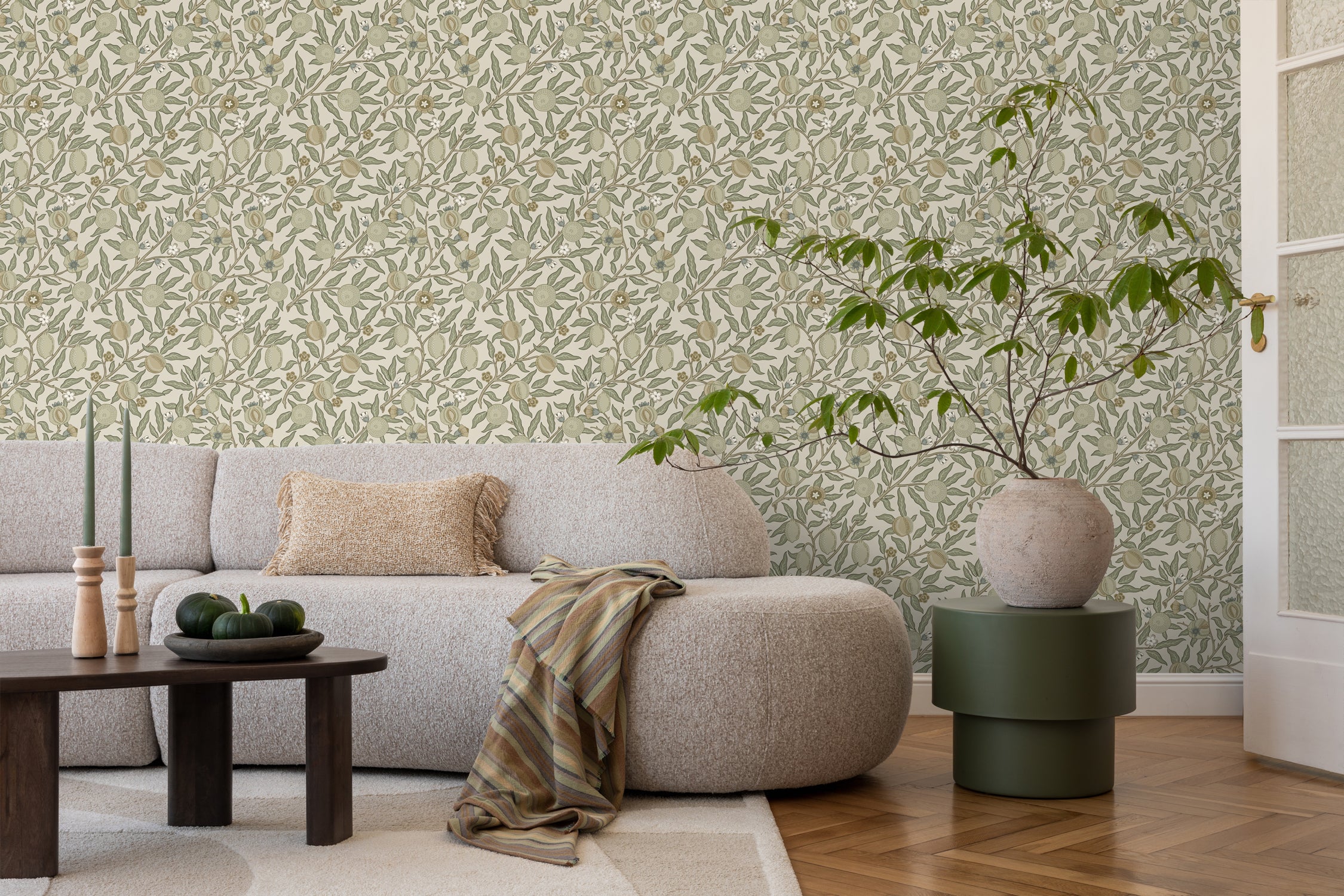 Papier peint des fruits et des feuilles exotiques vert olive grisé - 50 x 900 cm - ESTAhome - 5