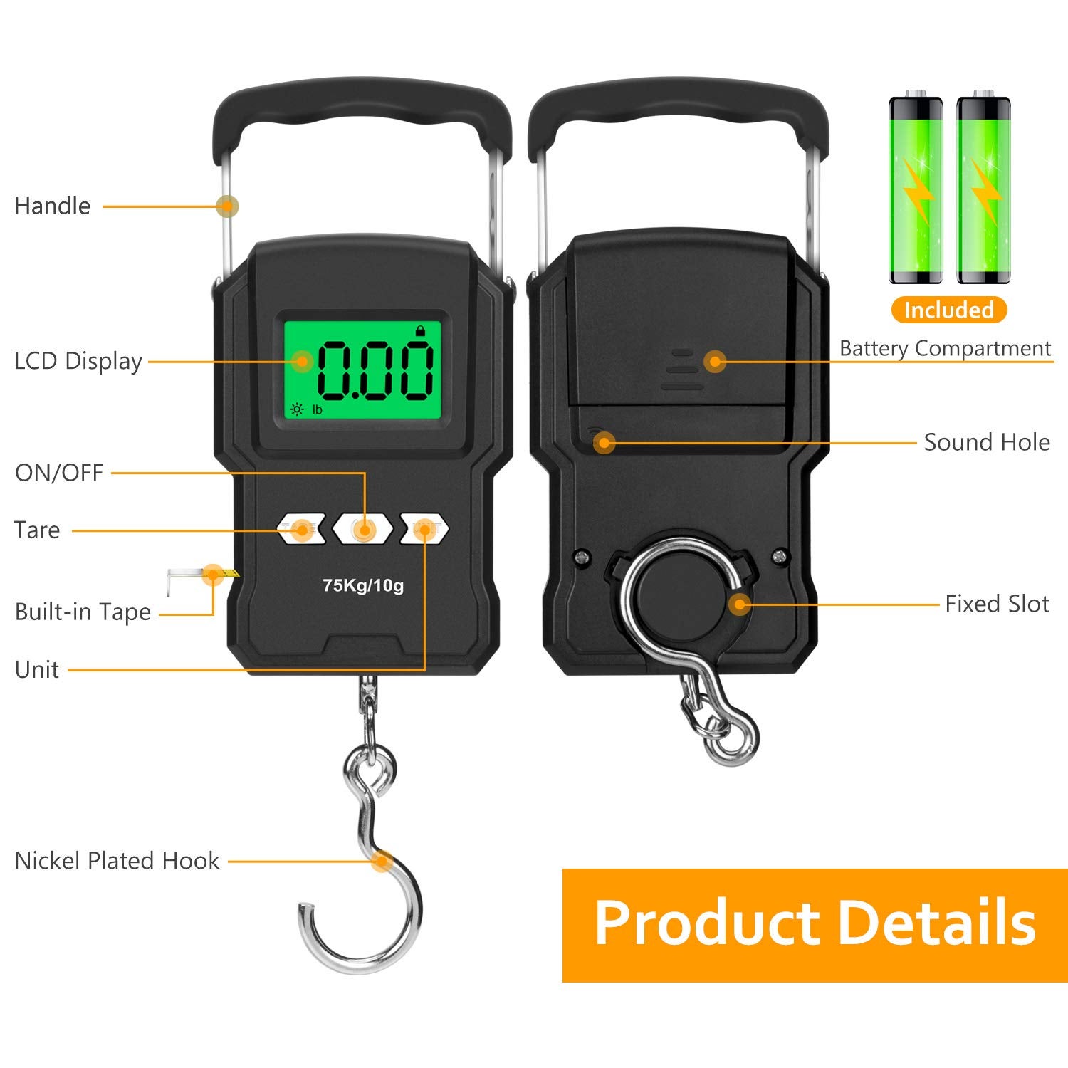 Báscula electrónica portátil, báscula de gancho colgante digital retroiluminada LCD de 165 lb/75 kg con regla de cinta métrica - 5