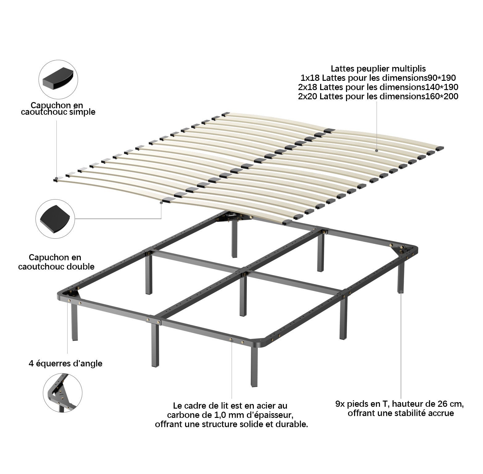 TEENO Ensemble 140x190cm Matelas à ressorts +Sommier à Lattes sur Pieds, Epaisseur du Matelas 20cm - 6