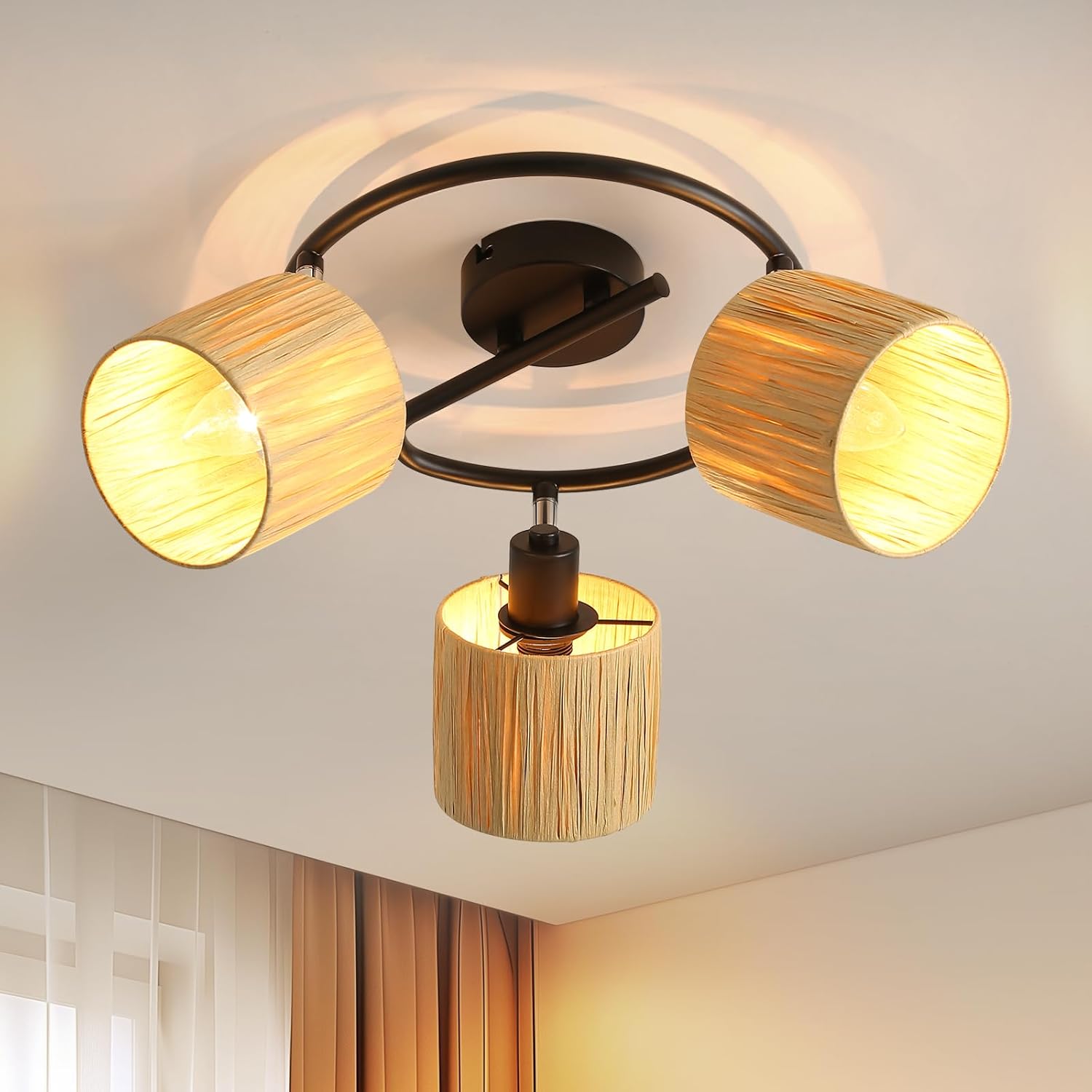 ZMH Reflektor sufitowy E14 z 3 punktami świetlnymi, naturalna czerń, papierowa lampa sufitowa do salonu