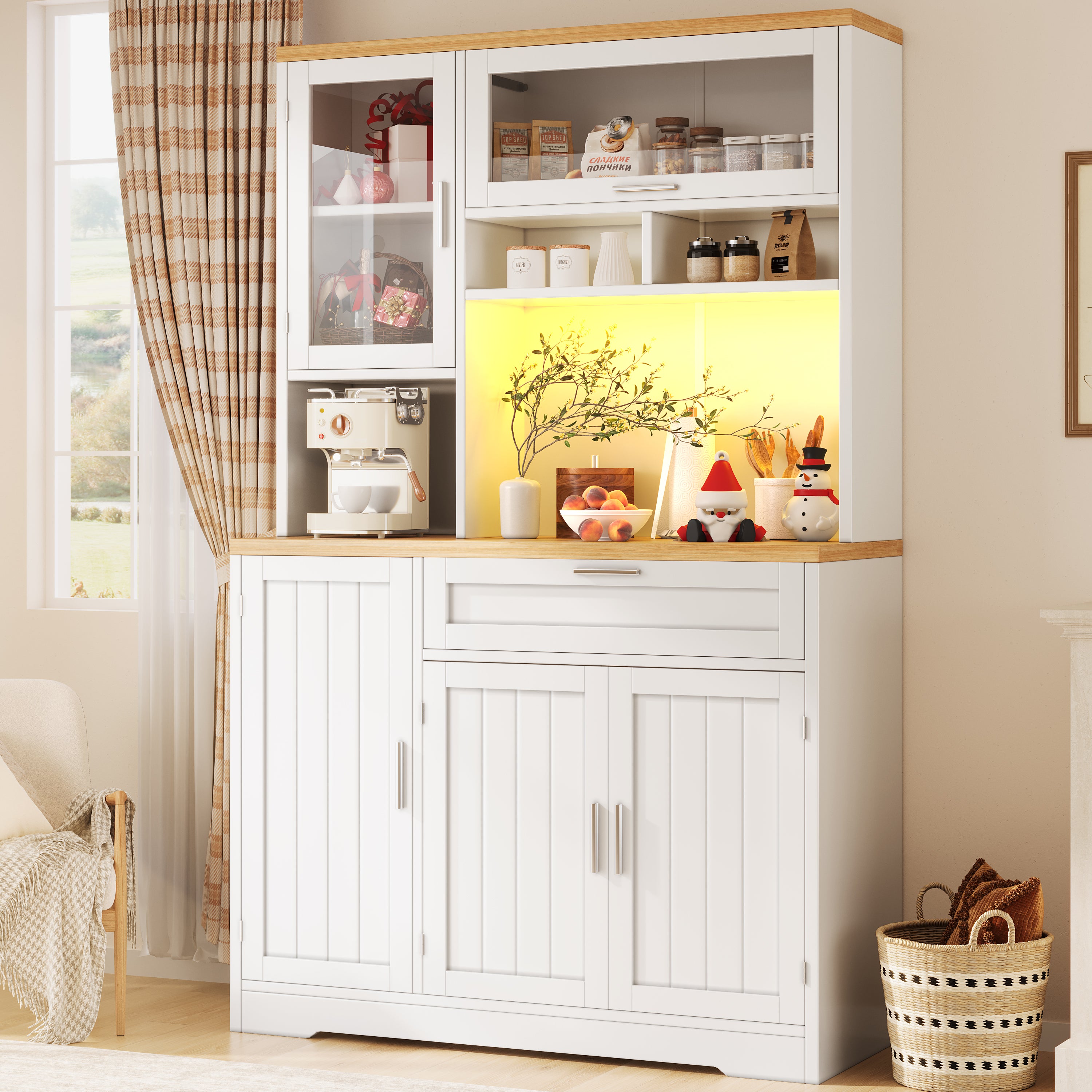 Buffet haut vaisselier de cuisine 104x40x180cm avec éclairage LED intégré, vitrine de rangement moderne pour salon, grande capacité, Blanc - 2