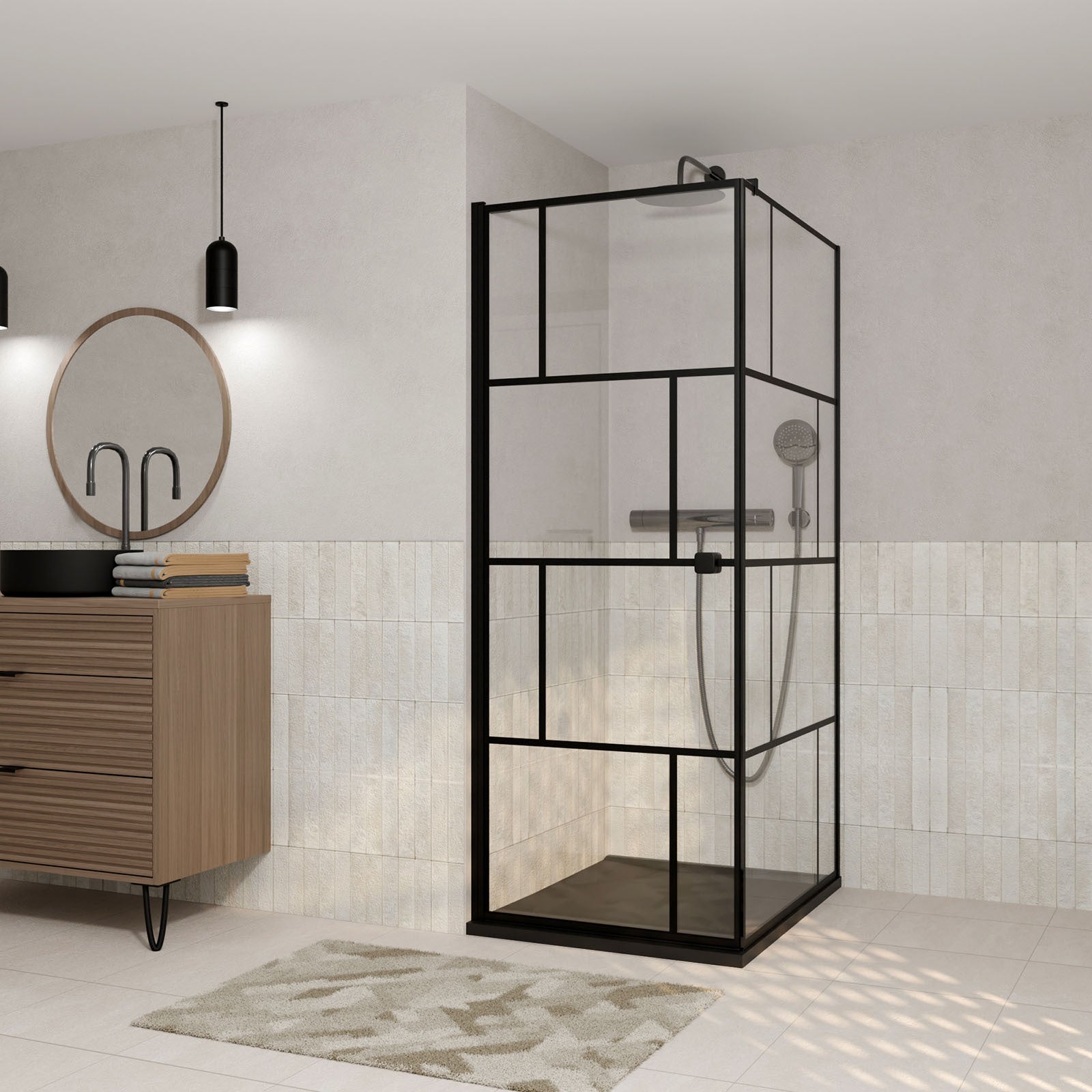 Puerta de ducha pivotante 80x180cm y lateral 80 - motivo ladrillos negros