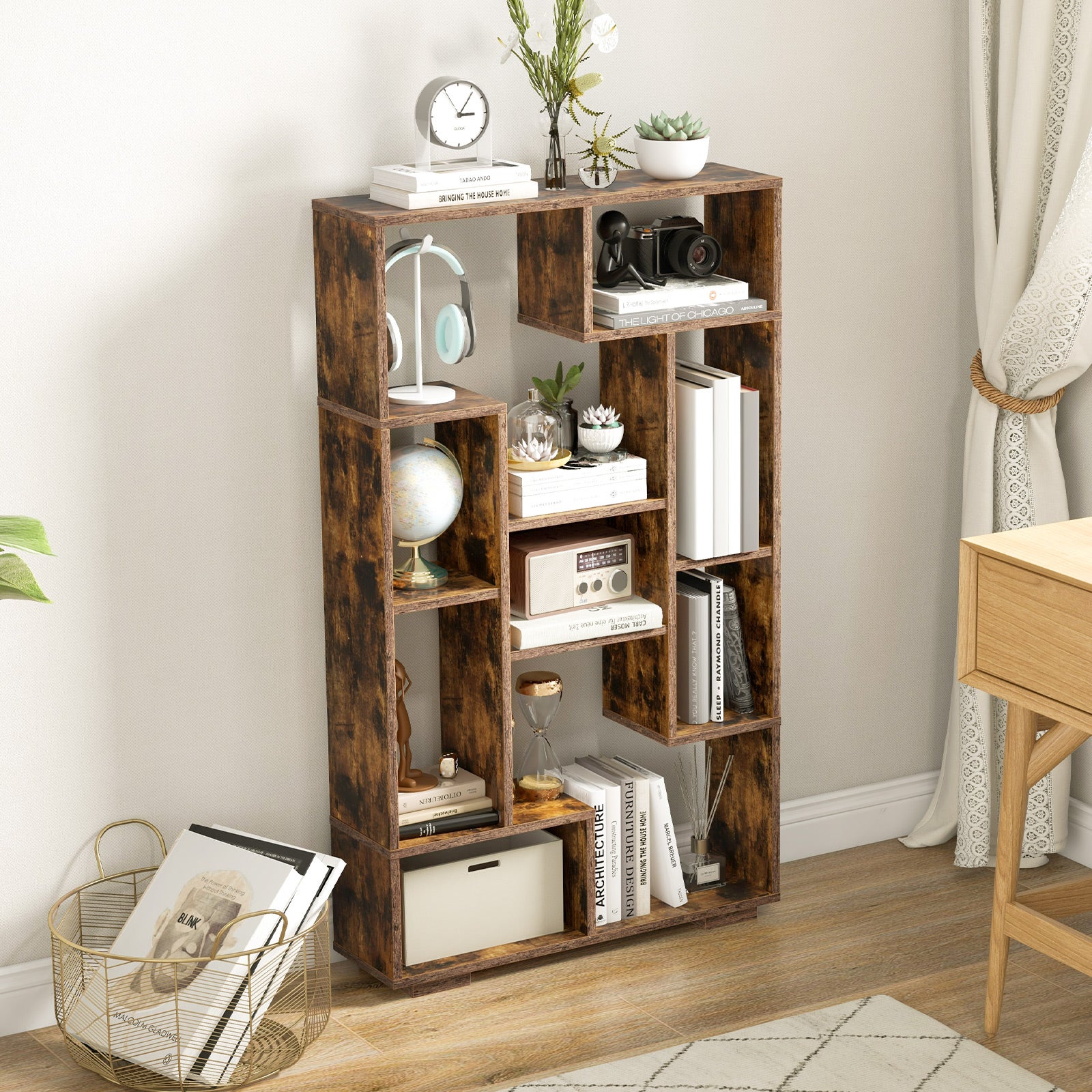 Bibliothèque Géométrique de 120 cm, Etagères Ouvertes, Etagère de Rangement Autoportante avec Kits anti-basculement, pour Bureau, Salon, Marron - 8