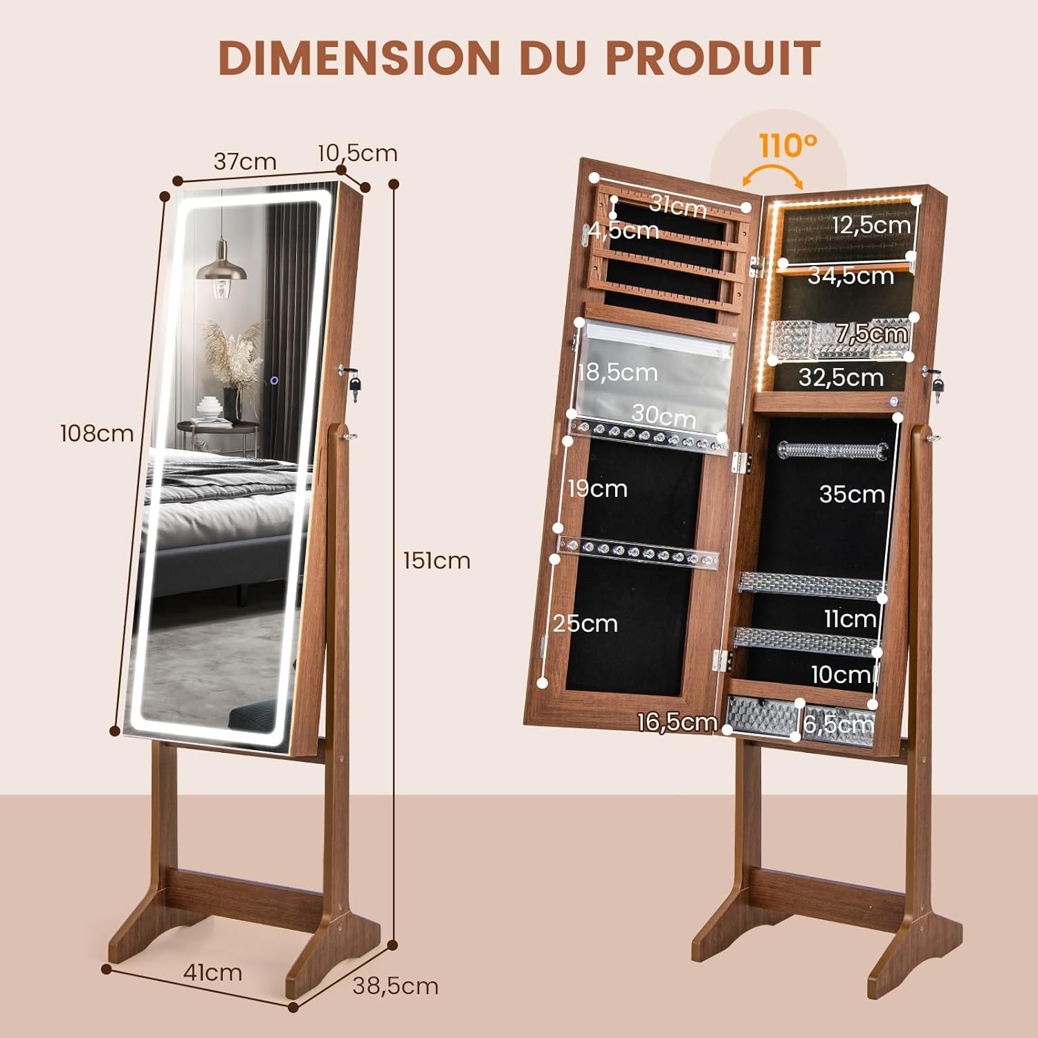 Armoire à Bijoux avec Miroir sur Pieds, Grand Miroir Psyché Sans Cadre avec Éclairage LED 3 Couleurs, avec 3 Angles Ajustables (Noyer) - 3