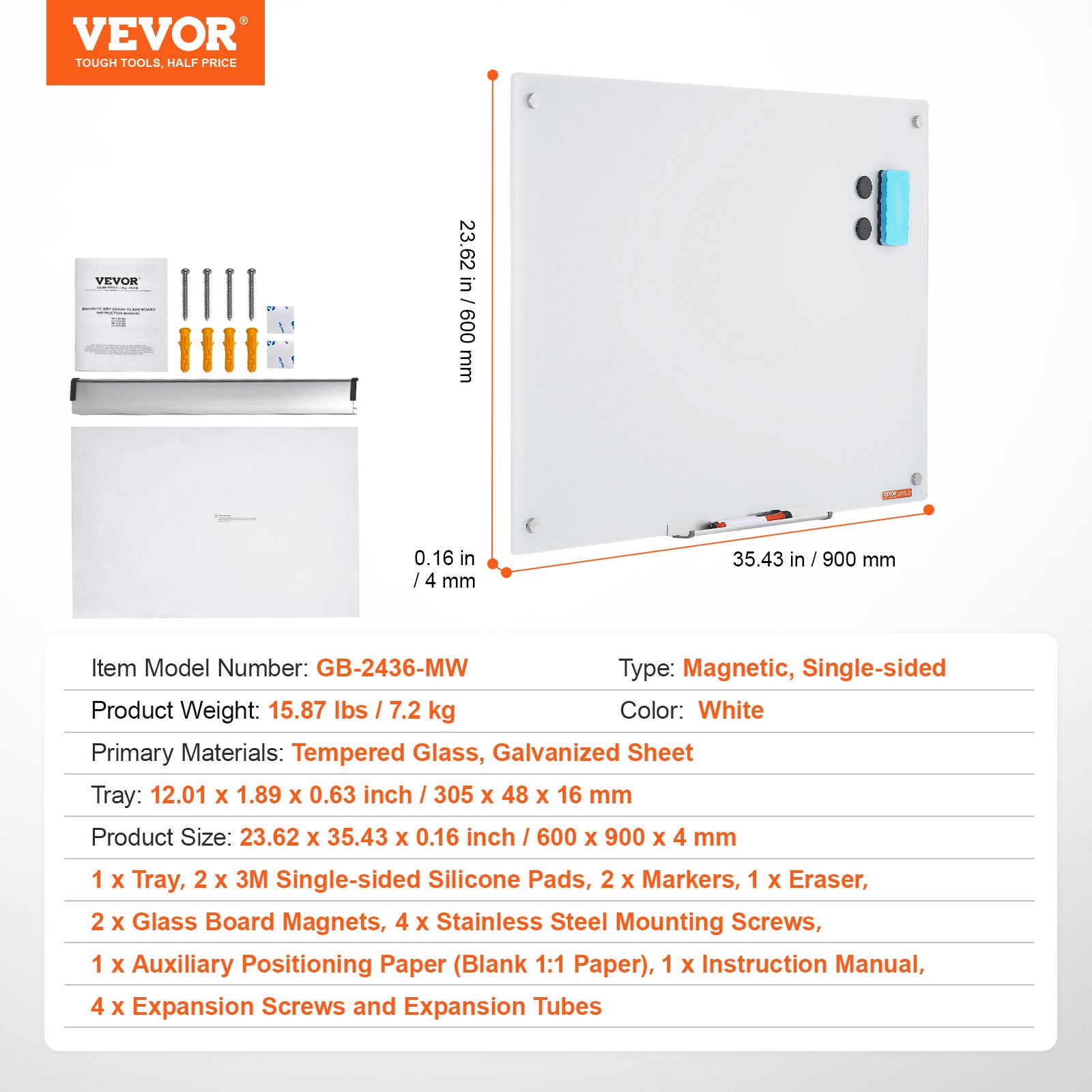Tableau Blanc Magnétique VEVOR en Verre Effaçable à Sec 90 x 60 cm, Grand Tableau Mémo Mural Sans Cadre avec Plateau, Effaceur et 2 Marqueurs - 7