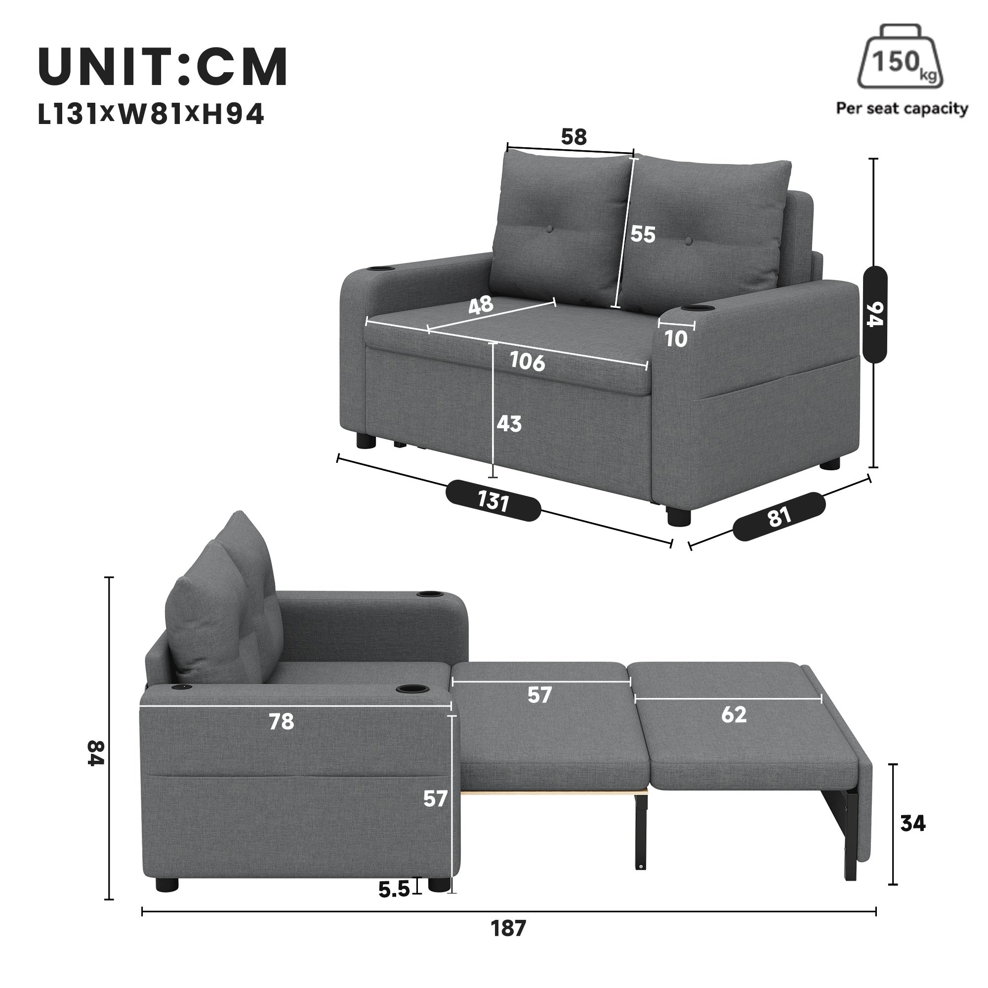 Sofa 2-osobowa z funkcją spania, uchwytem na kubek, portem USB i kieszeniami bocznymi - 131 x 81 x 94 cm - Tapicerka bawełniano-lniana - Szara - 9