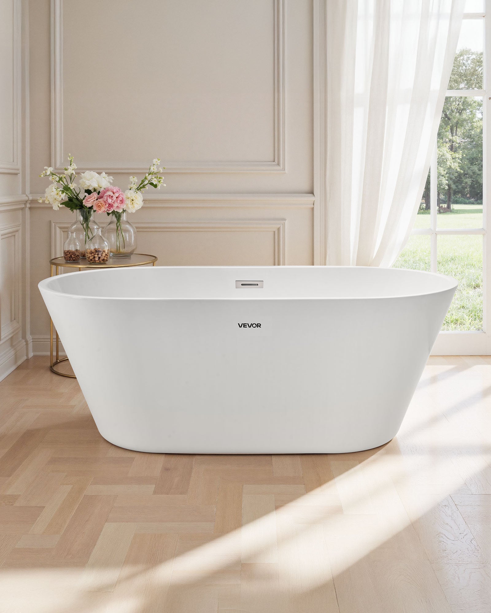 Bañera Autoportante VEVOR de Acrílico 150x75 cm, Bañera Isla Moderna 230 L con Rebosadero y Desagüe Níquel Cepillado, para Baño Relajante, Blanca - 7