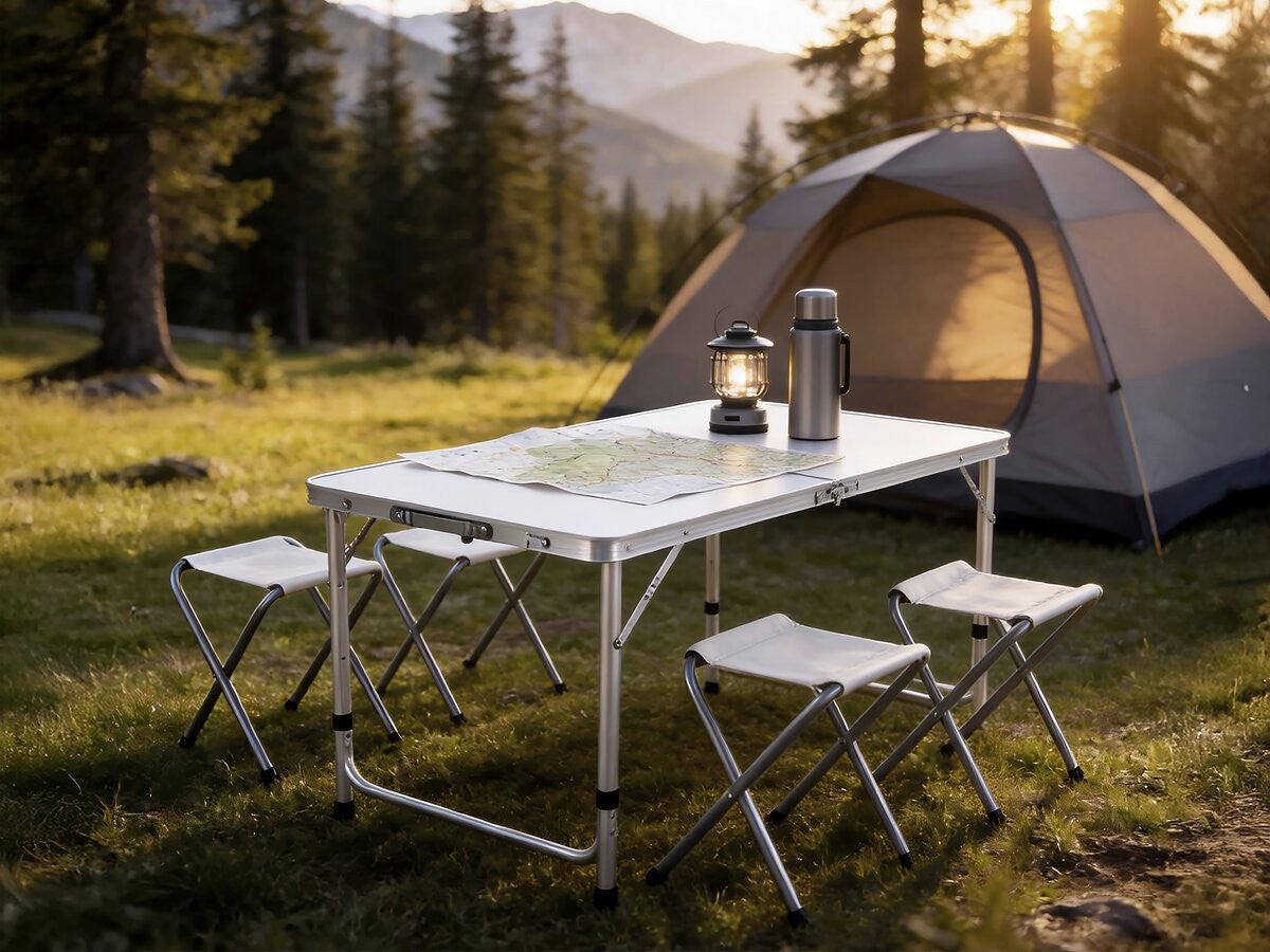 Ensembe table de camping et 4 tabourets pliants - 125 x 60 cm - Blanc - 2