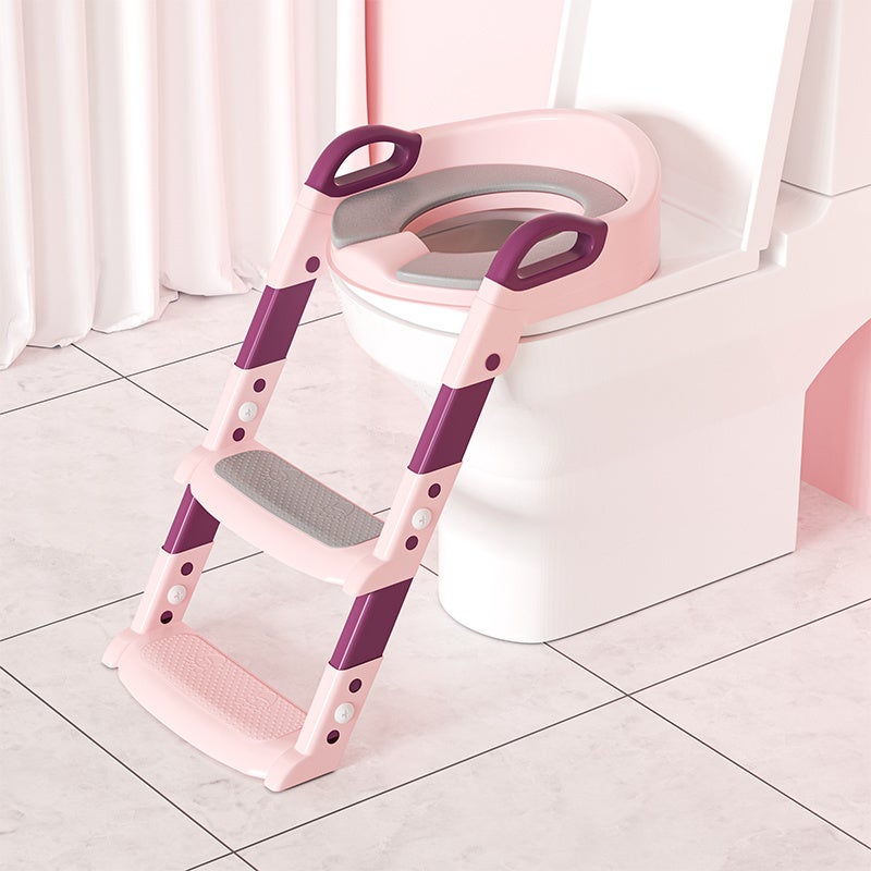 Siège De Toilette Enfant Avec Échelle - Réglable 6 Hauteurs - Coussin PU - Antidérapant - Pour 2 à 7 Ans - Rose/Gris/Bleu
