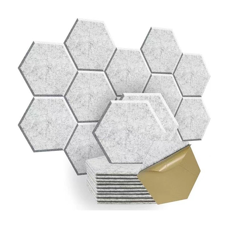 12 samoprzylepnych paneli dźwiękochłonnych, pianka dźwiękochłonna o wysokiej gęstości, panele dźwiękochłonne heksagonalne, srebrno-szare