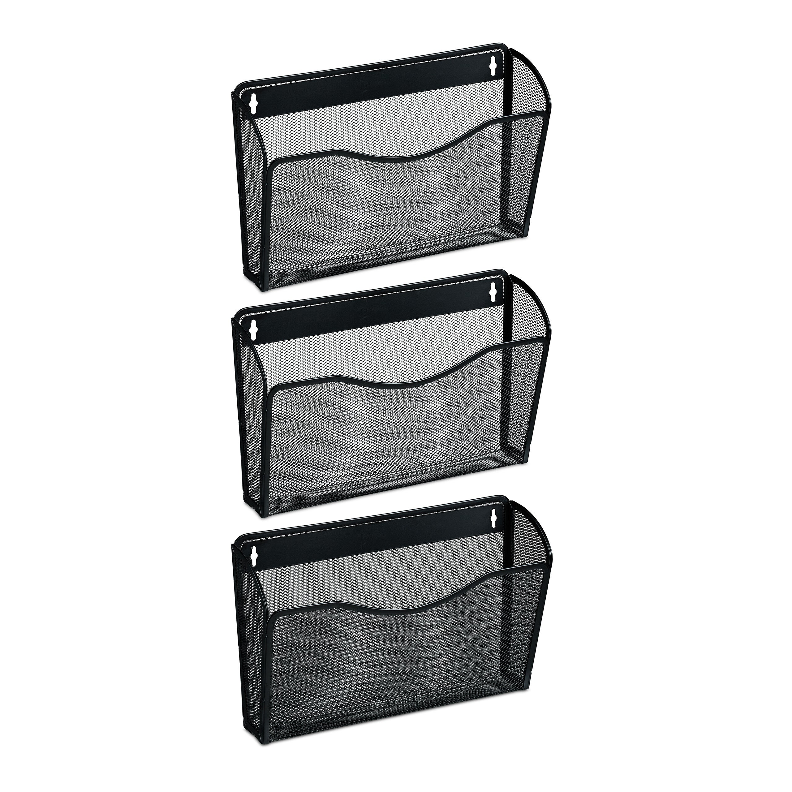 Relaxdays pack 3 revisteros de pared, a4, soportes revistas y periódicos, malla de hierro, 22 x 35,5 x 8,5 cm, negro