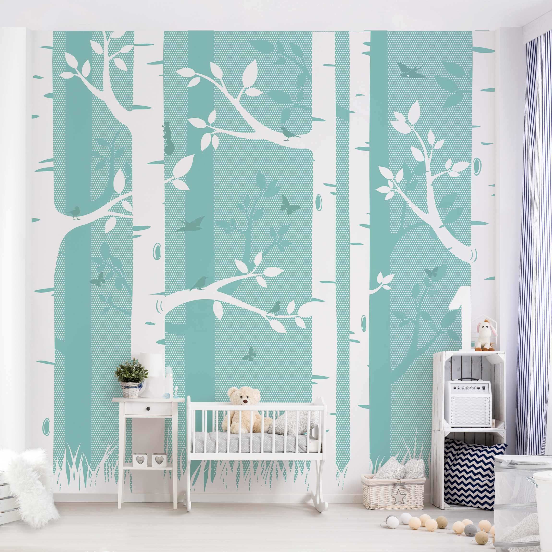 Papel pintado fotomural bosque animales naturaleza mariposas pájaros 55 - habitación infantil niño niña bebé - tnt 288 x 288 cm premium