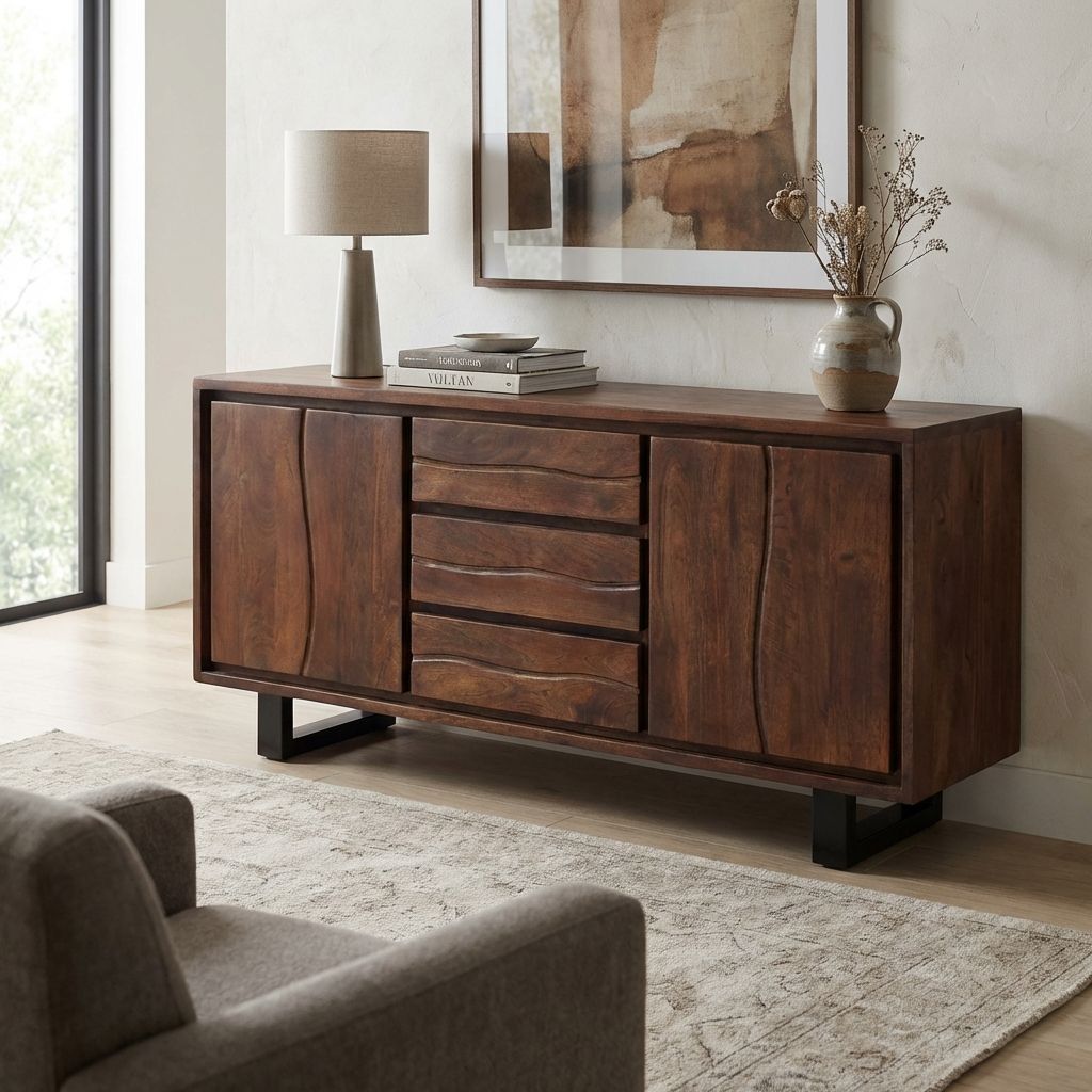 SimpliHome Lowry Credenza Industriale In Legno Massello Di Acacia E Metallo - Larga 152 Cm - Antracite Per Sala Da Pranzo