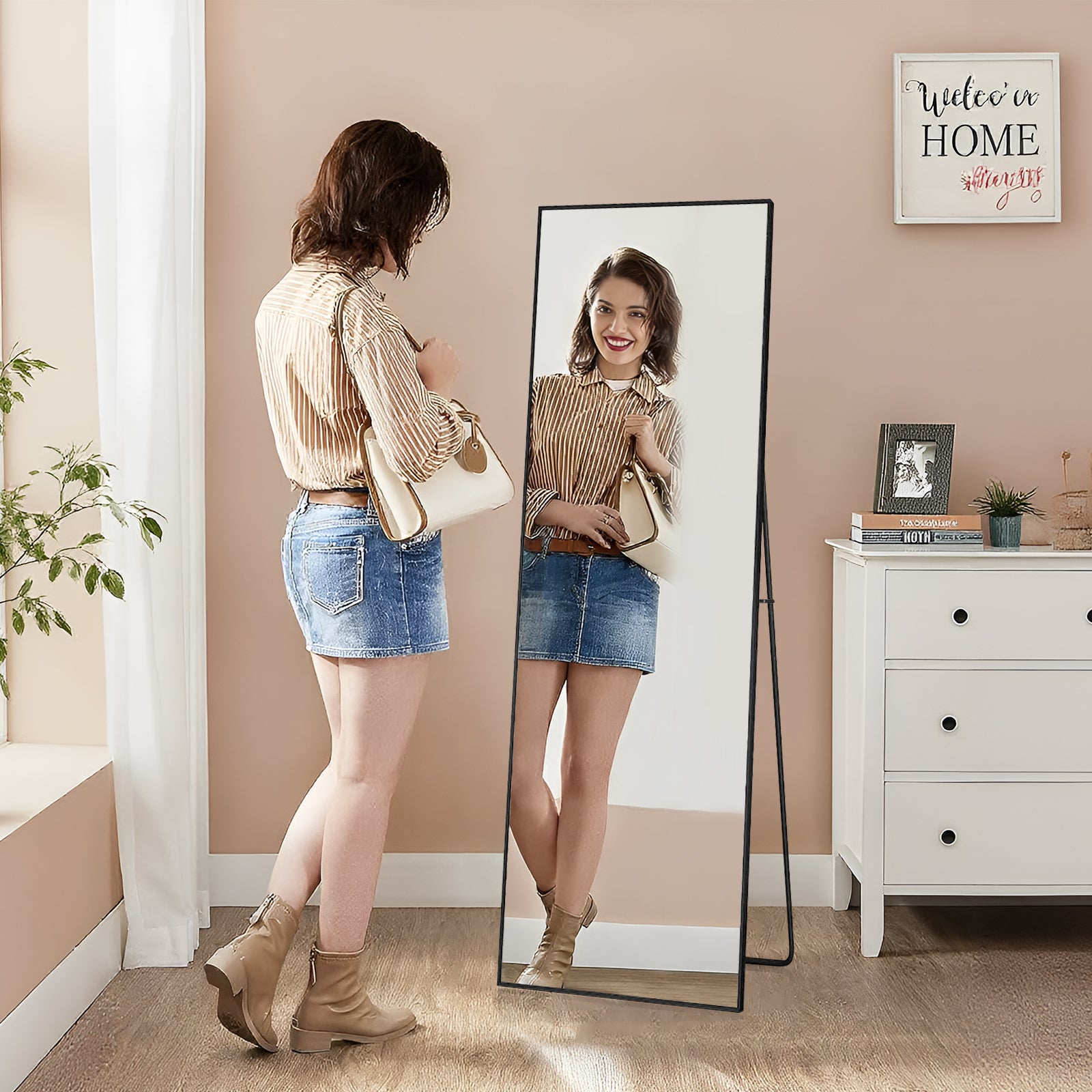 Miroir sur pied pleine longueur, 165 x 60 cm, Noir HD, cadre en alliage d'aluminium, miroir mural en verre trempé, idéal pour la chambre, le dressing - 8
