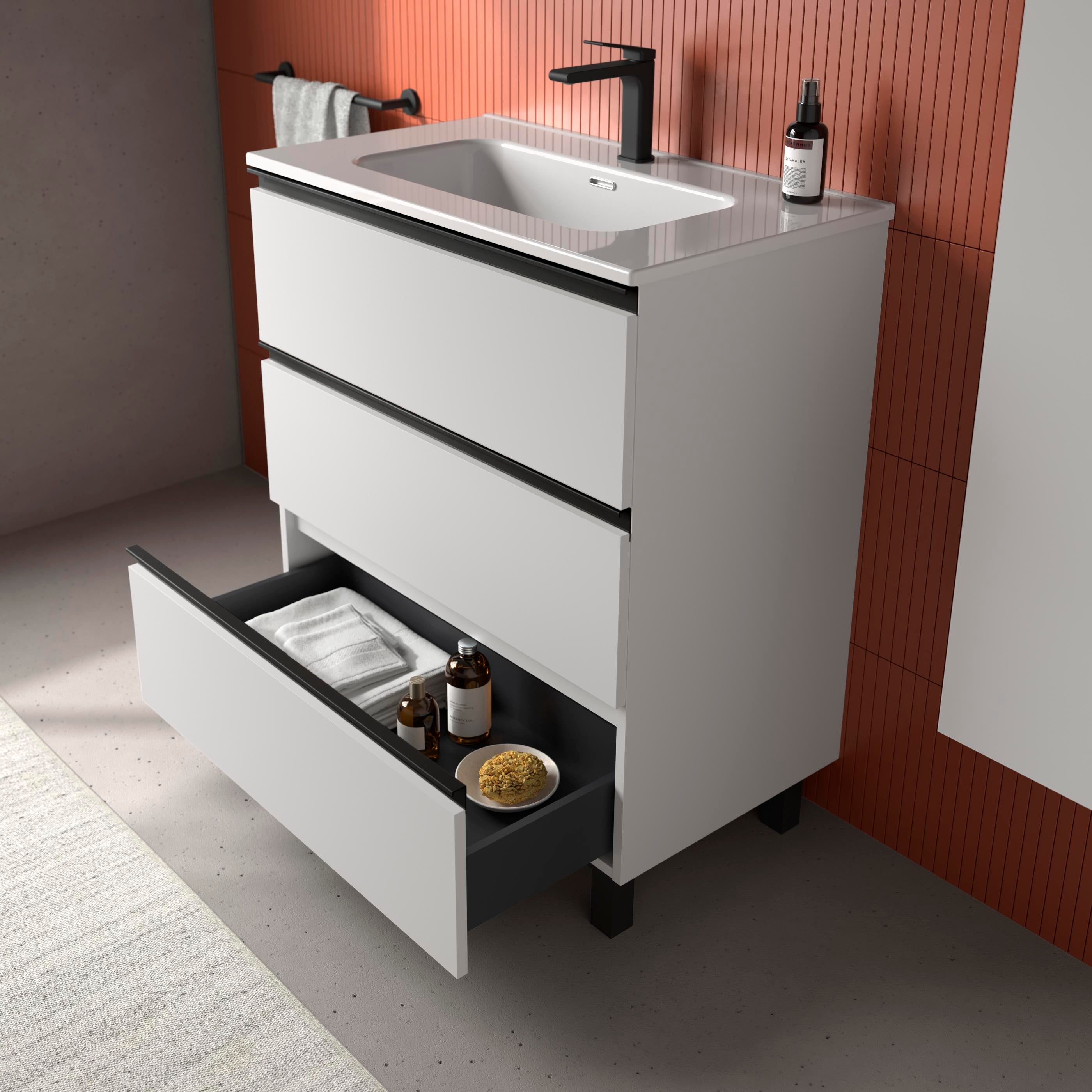 Meuble de salle de bain BEQUIA METAL 3C 100cm Blanc mat | Vasque Porcelaine Centrale - 2