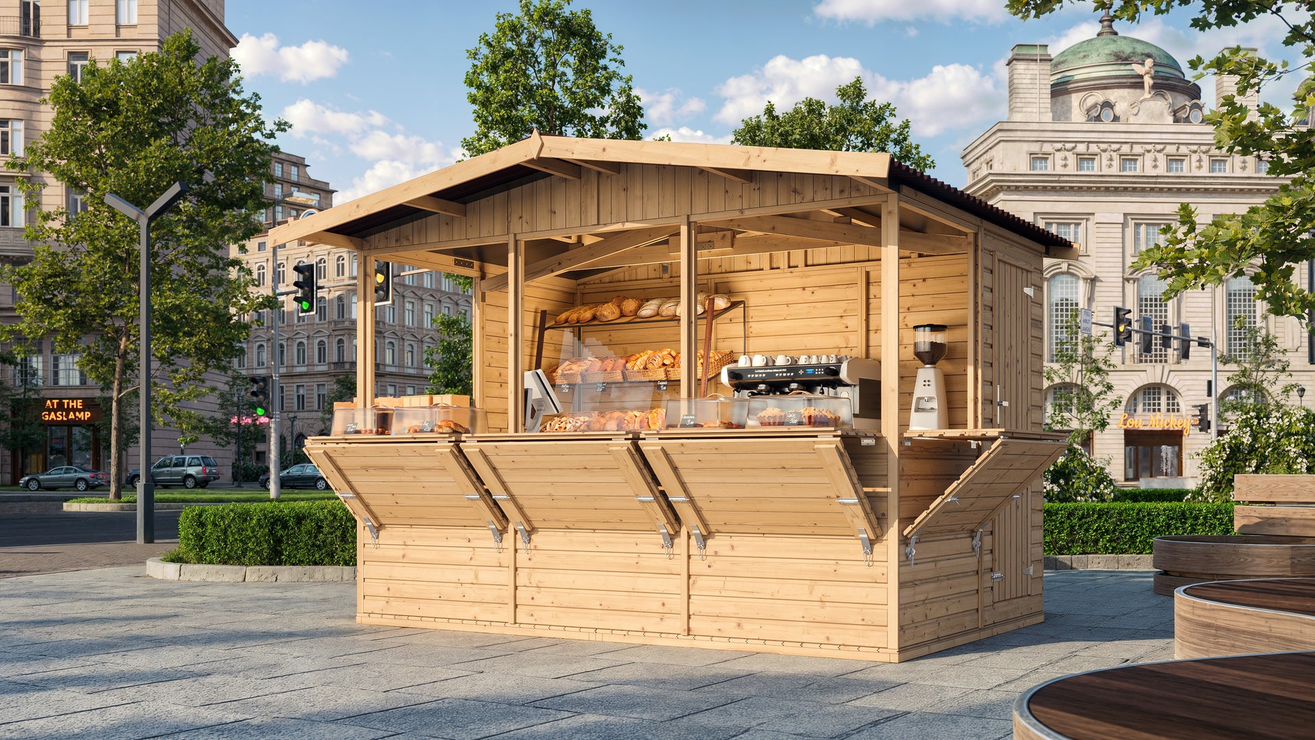 Casita de jardín de madera, Puesto de mercado de madera, Puesto de venta grande con mostrador, CINCO VENTANAS, H232x336x263 cm/6m2 - TIMBELA M150B - 2