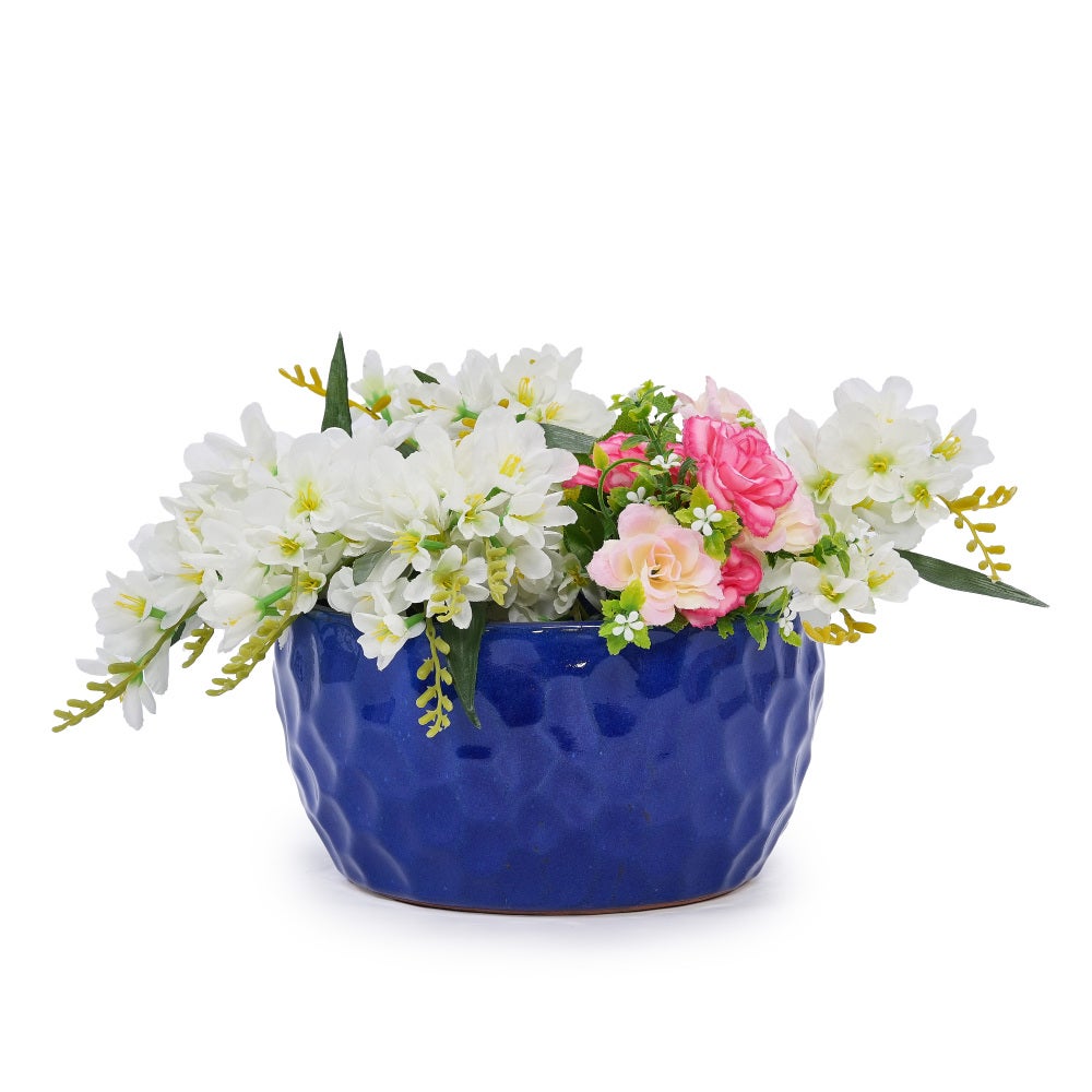 Set 3 pots céramique Ø38,1/30,5/25,4 cm bleu cobalt martelé, succulentes/violettes, intérieur/extérieur, argile respirante - 9