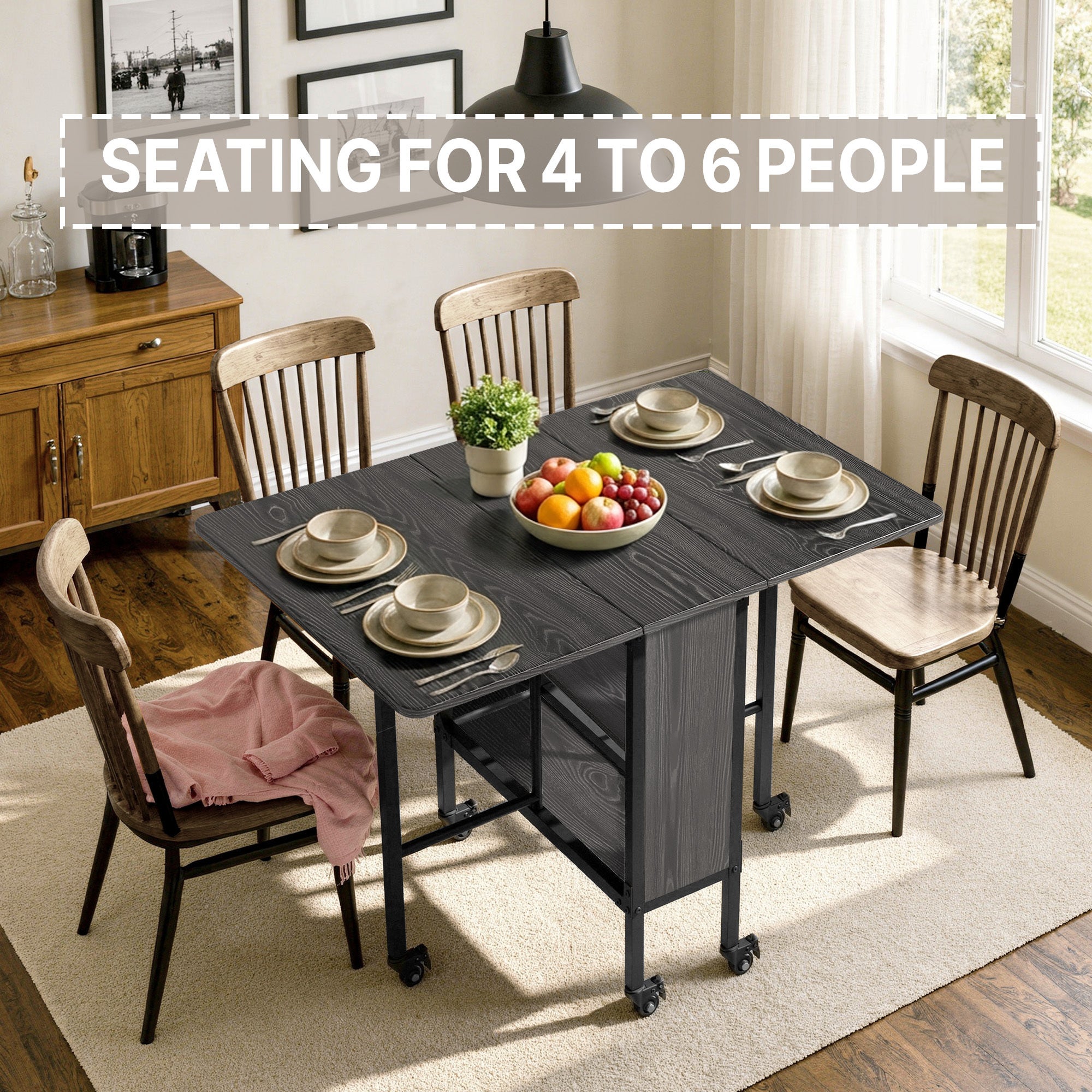 Mesa plegable abatible para 6 personas, estructura de metal negro y tablero de madera negro, 130 x 80 x 74 cm - 2