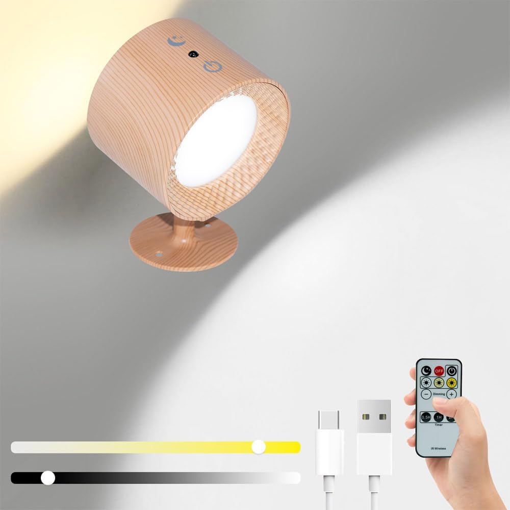 Lampa ścienna ładowana przez USB, obrotowa o 360°, dwustronne oświetlenie, 3 temperatury barwowe (słoje drewna, 1 sztuka)