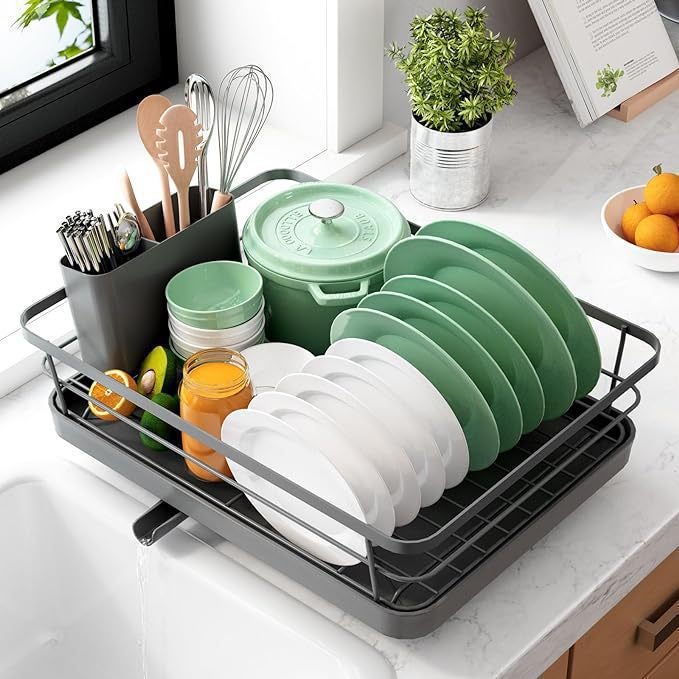 VNIMTI Scolapiatti In Acciaio Inox Nero 40x30cm - Girevole 360° Con Scolatoio E Portaposate