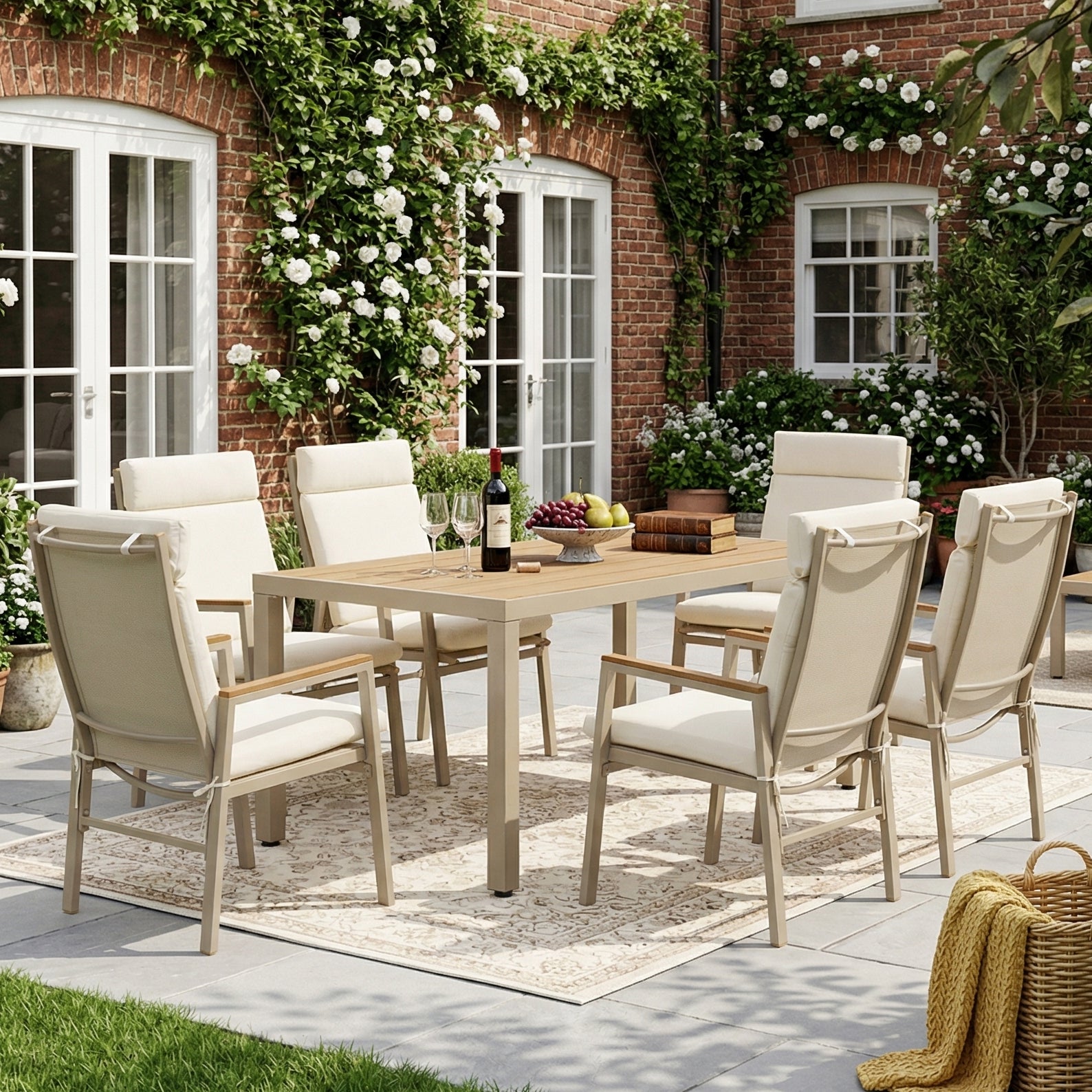 Conjunto de muebles de jardín para 6 personas con mesa de comedor rectangular y 6 sillas - 159 x 90 x 74,5 cm - Acero galvanizado y poliéster - Beige - 4