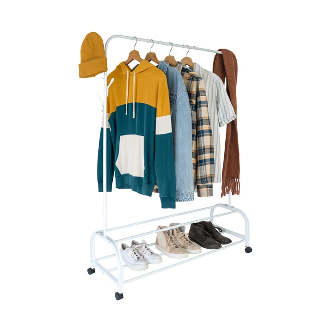 Appendiabiti Relaxdays con rotelle, HxLxP: 160 x 110 x 40 cm, 2 ripiani, ganci laterali, ferro, carrello, bianco