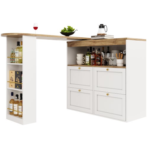 Mesa de bar giratoria 360° (cuerpo 105 x 39 x 102 cm) con 4 cajones y estantes abiertos,adecuada para comedor/oficina/salón,color blanco