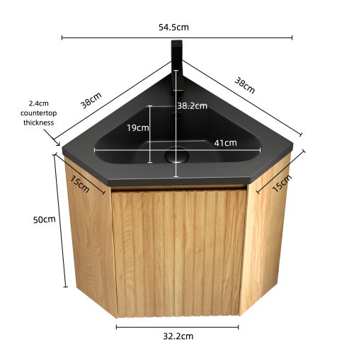 Meuble vasque d’angle suspendu 38 cm avec vasque intégrée en résine noire mate, armoire triangulaire à une porte, finition bois naturel - 3