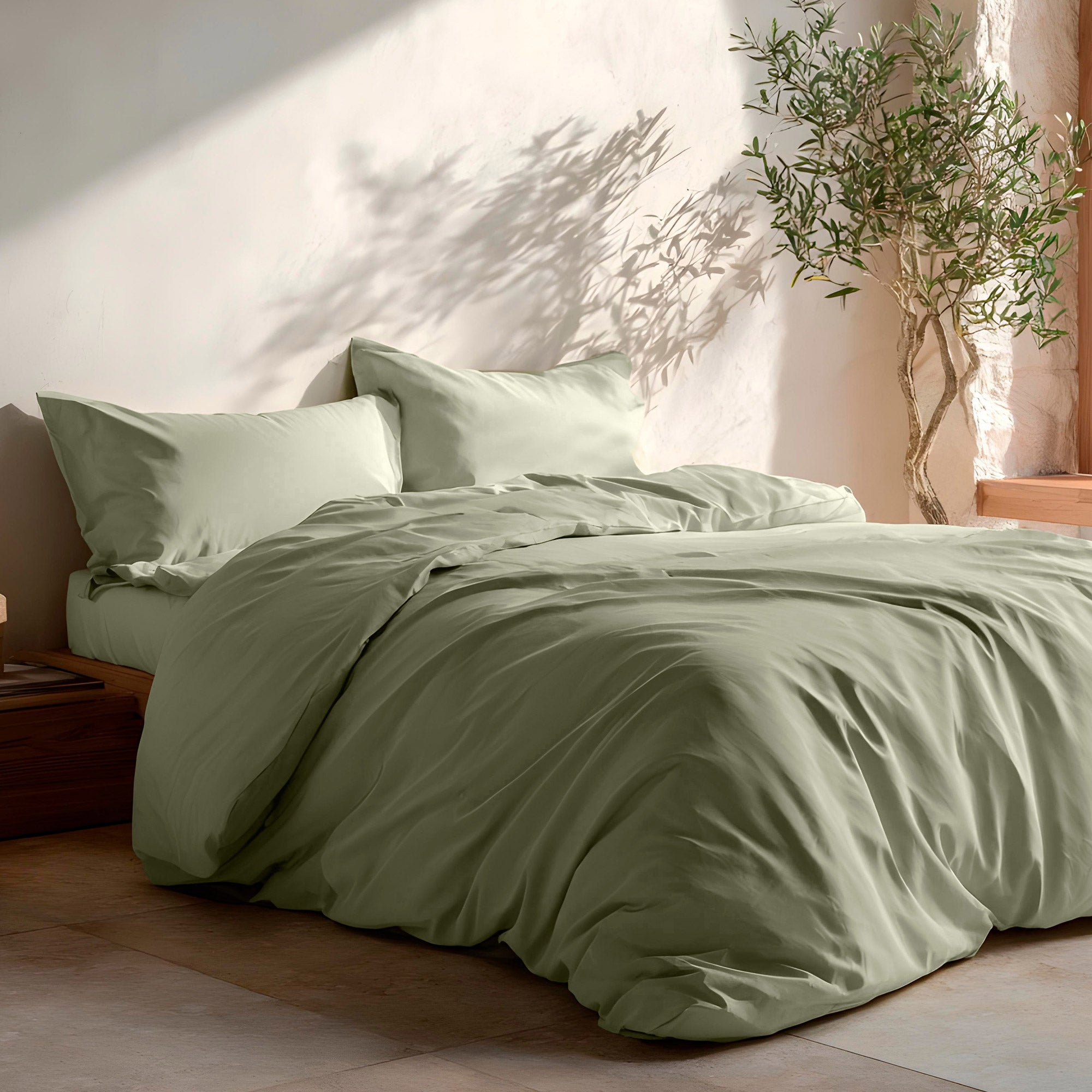 Housse de couette uni 100% coton avec taie d'oreiller 150x220 + 45x110cm coloris Verde - 2