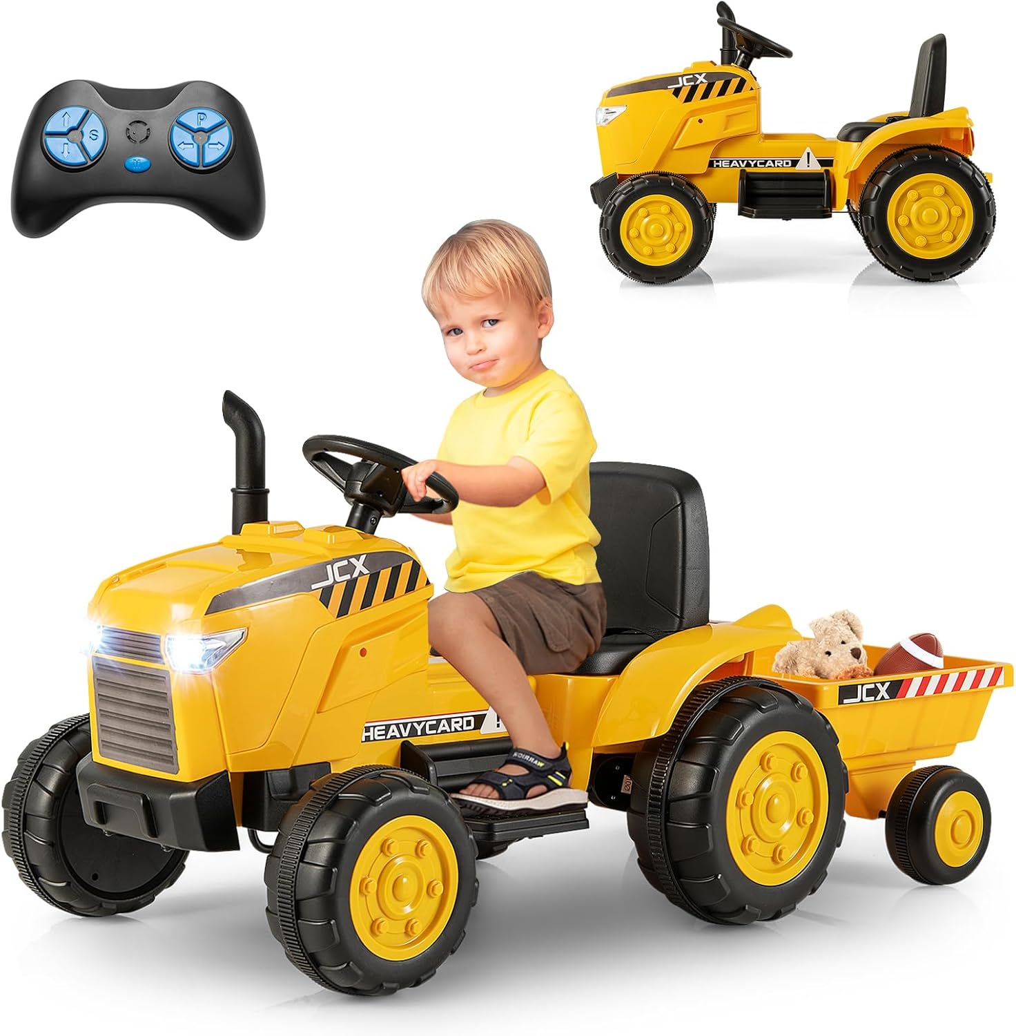 12V Tracteur ??lectrique Enfant avec Remorque Amovible, T?�l?�commande, Voiture ??lectrique ?� 6 