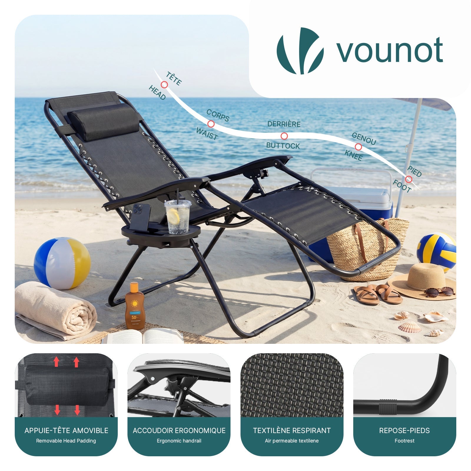 Chaise Longue inclinable en testilene avec porte gobelet et portable Noir Lot de 2 VOUNOT® - 5