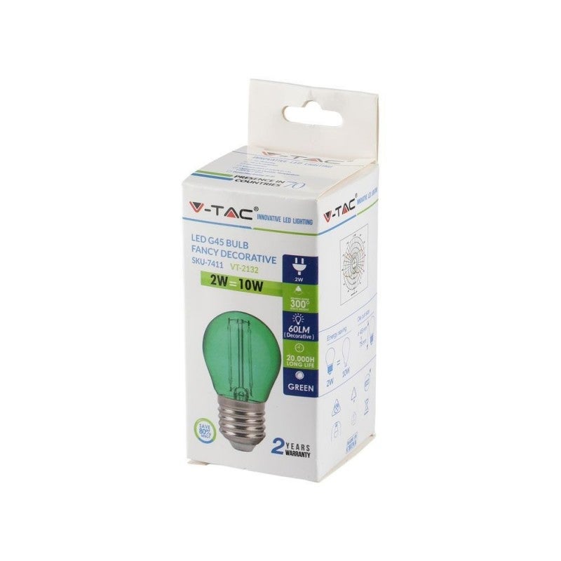Lampadina LED E27 2W G45 Filamento Colore Verde - 6