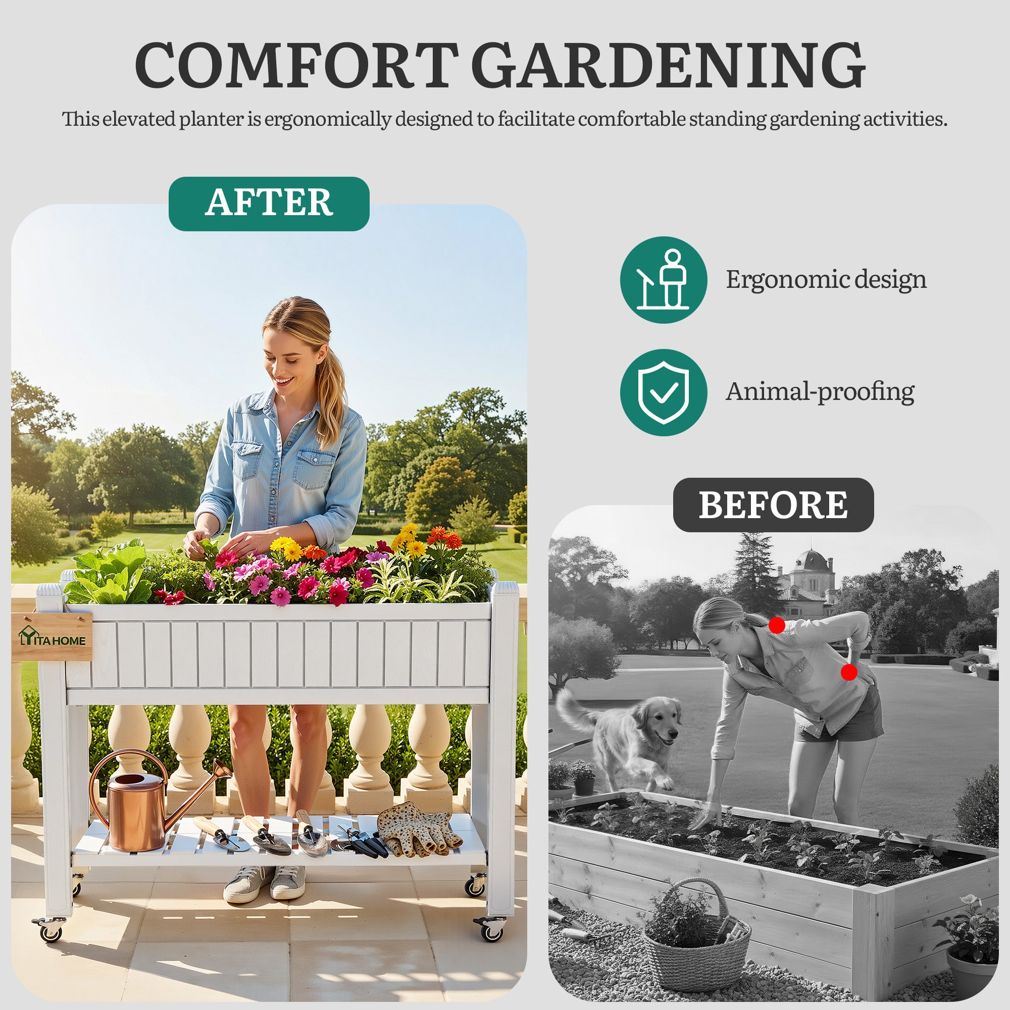 YITAHOME Jardinière en résine avec roulettes 108,5 x 44 x 89,5 cm Blanc - 6