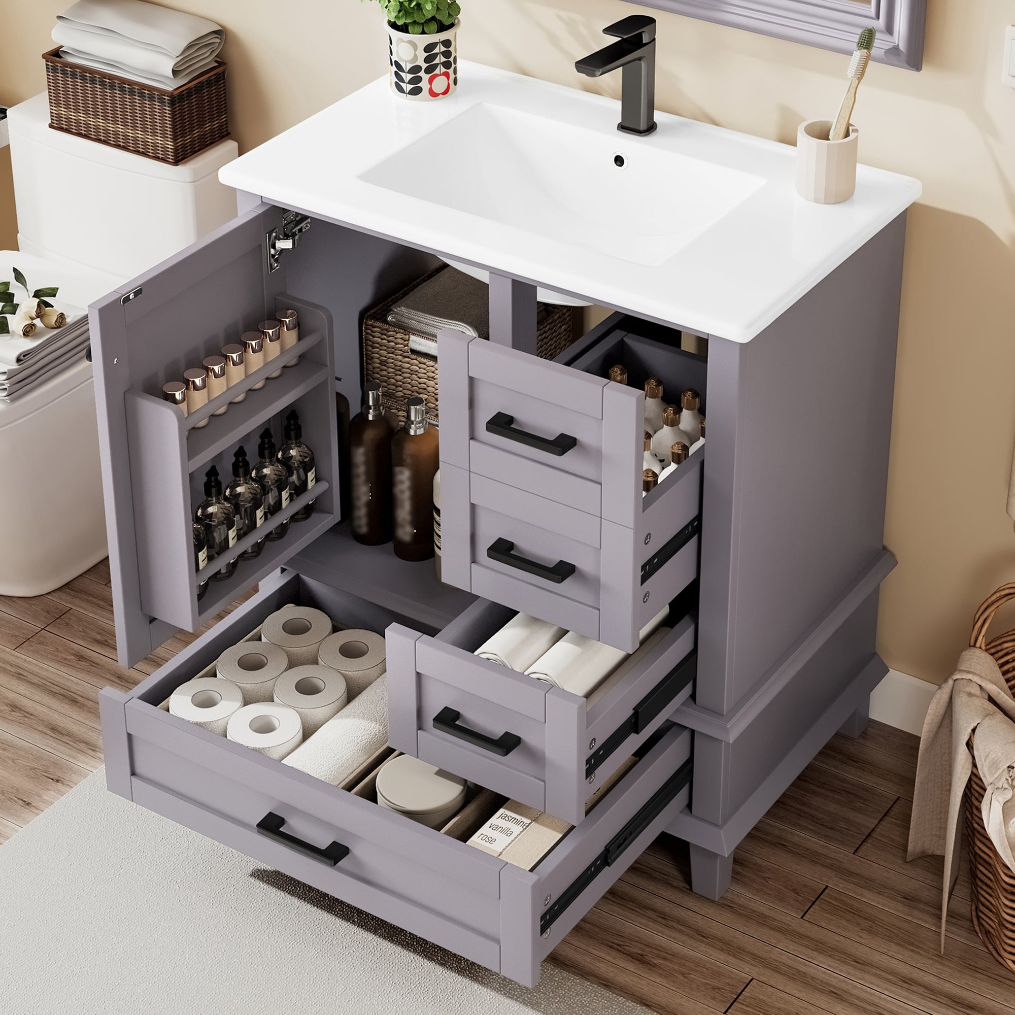 Meuble Salle de Bain avec Vasque Céramique 76x46x83,5 cm Gris Laqué, 3 Tiroirs Silencieux et Rangement Intégré - 2
