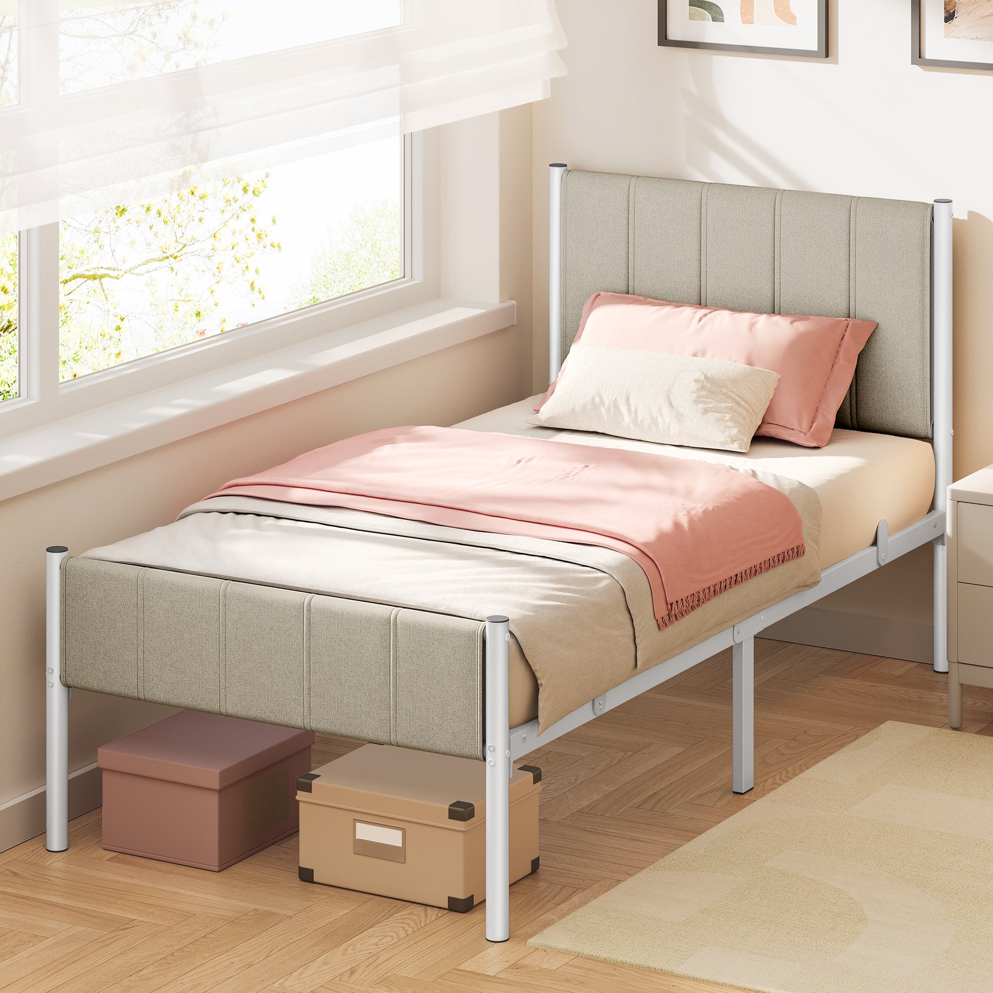 Lit Simple avec Structure en Acier, 90 x 190 cm, Chambre, Tête de Lit Capitonnée, Montage Rapide, Beige - 2