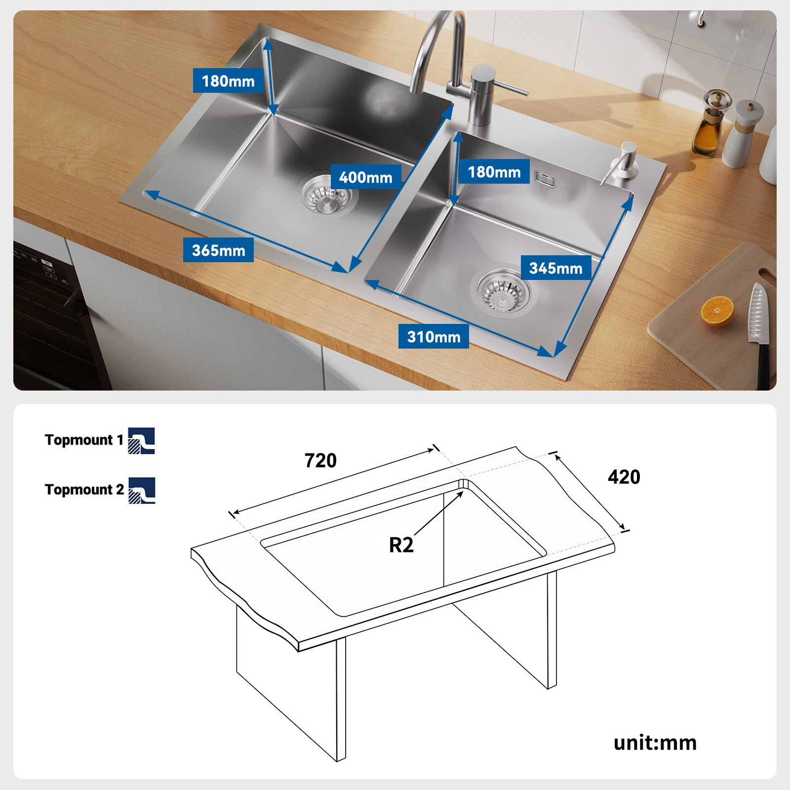 Auralum Max Lavello da Cucina in Acciaio Inox 75x45x19 cm Lavelli Cucina 2 Vasca con Dispenser di Sapone, Lavelli cucina Spazzolato - 4