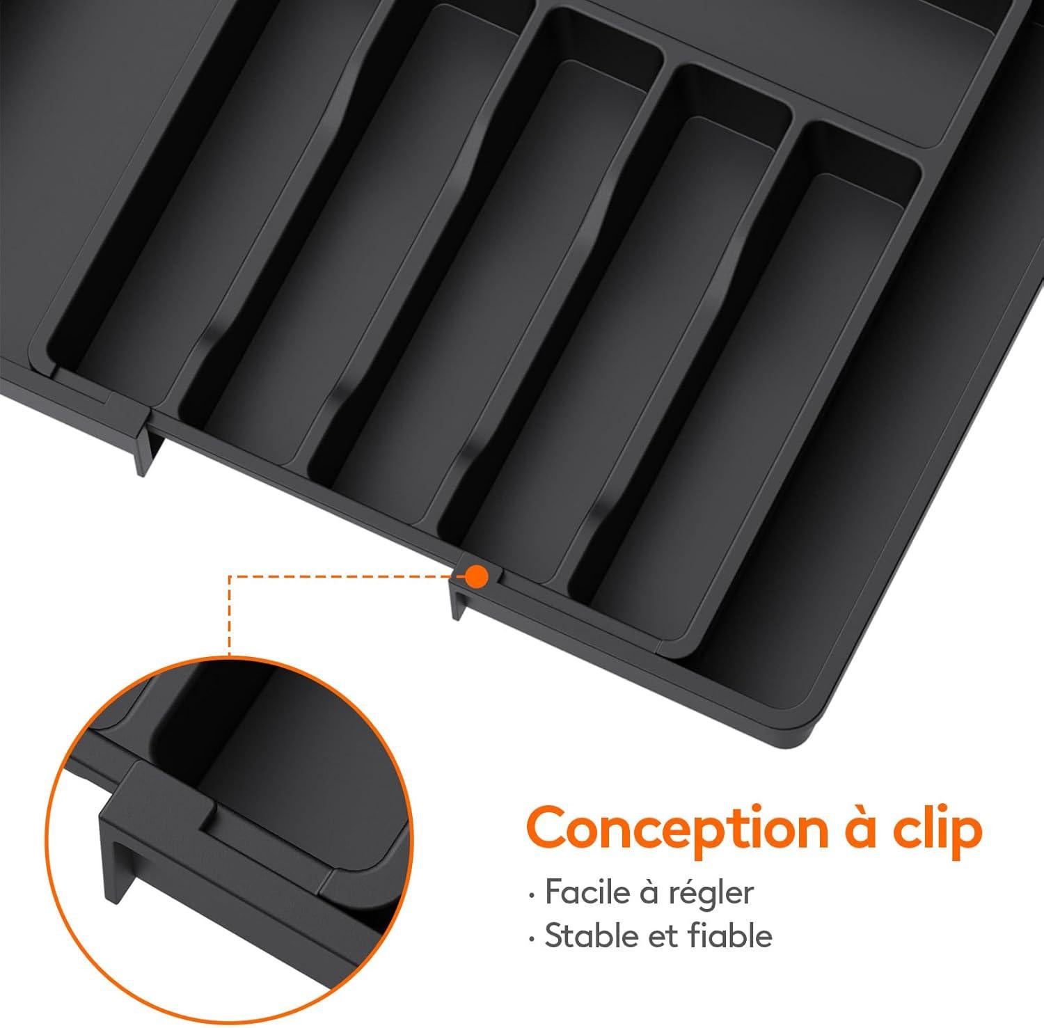 Tiroir à couverts extensible, organiseur de cuisine à tiroir réglable, plastique compact, noir - 6