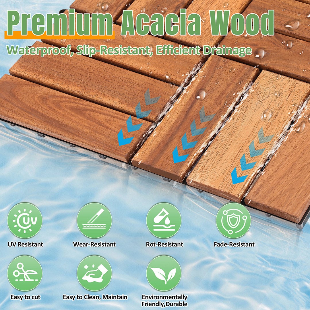 Dalles de terrasse 5 m² 55 pièces, 30 x 30 cm, dalles en bois 12 lattes, Dalles clipsables en bois d'acacia - 3