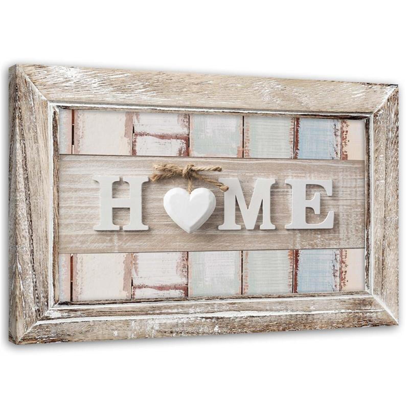 Obraz na płótnie, Napis Home z sercem w ramie w stylu vintage 120x80