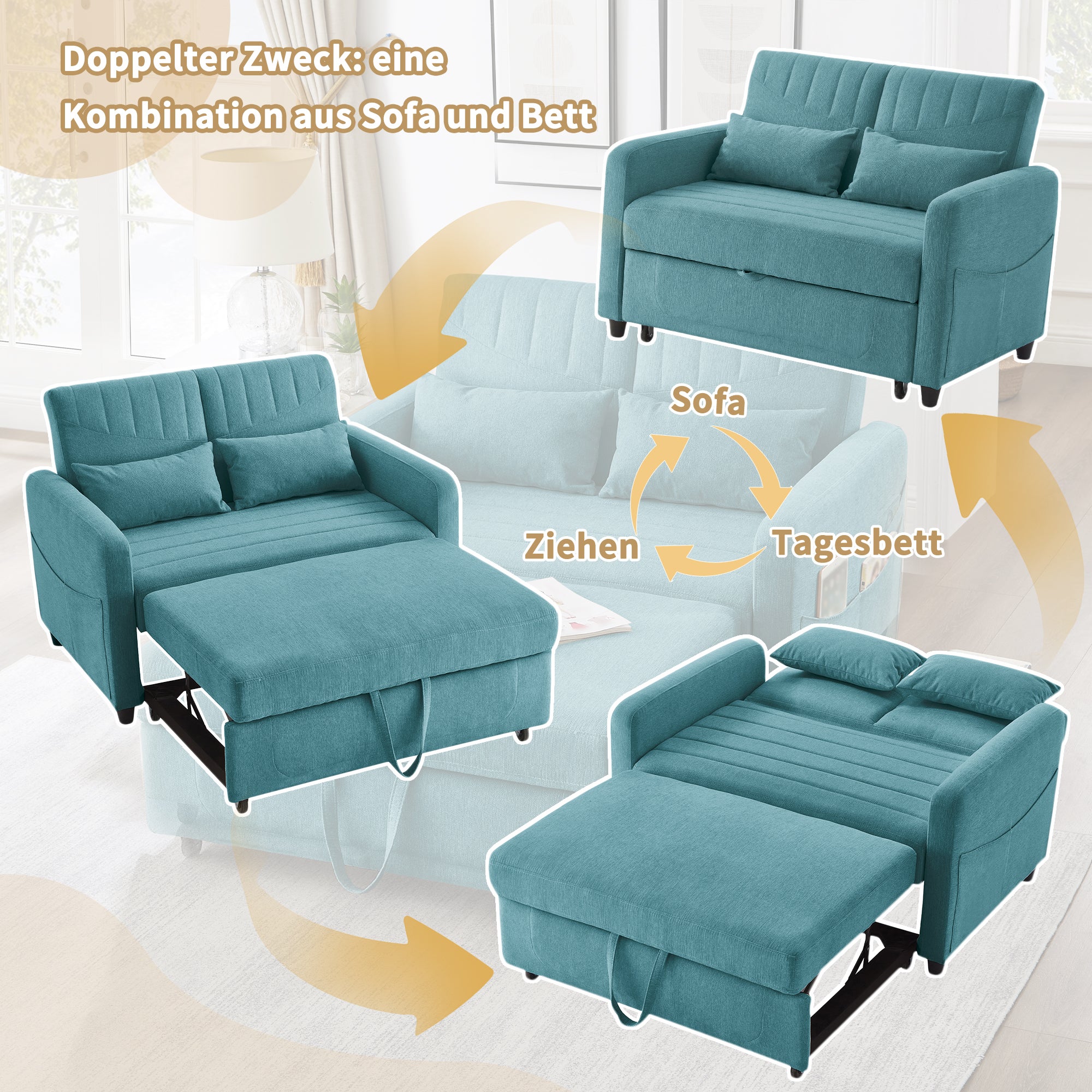 Sofa 2-osobowa rozkładana z 3-stopniową regulacją oparcia - 114 x 77 x 82,5 cm - Tkanina bawełniano-lniana - Niebieska - 5
