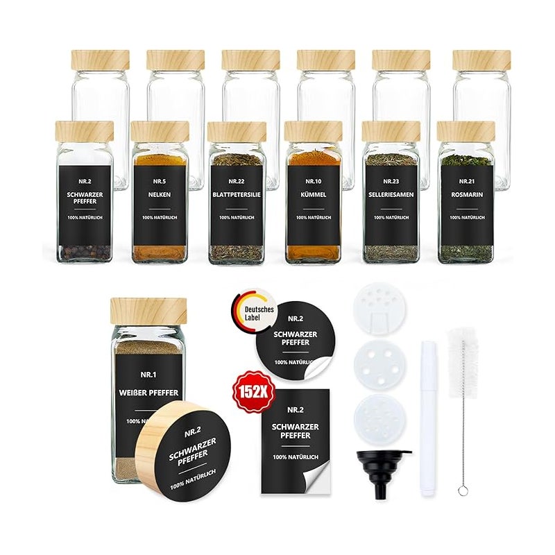 Kwadratowe słoiki szklane na przyprawy 120 ml, zestaw 12 sztuk, etykiety wodoodporne, hermetyczne pokrywki, organizer kuchenny