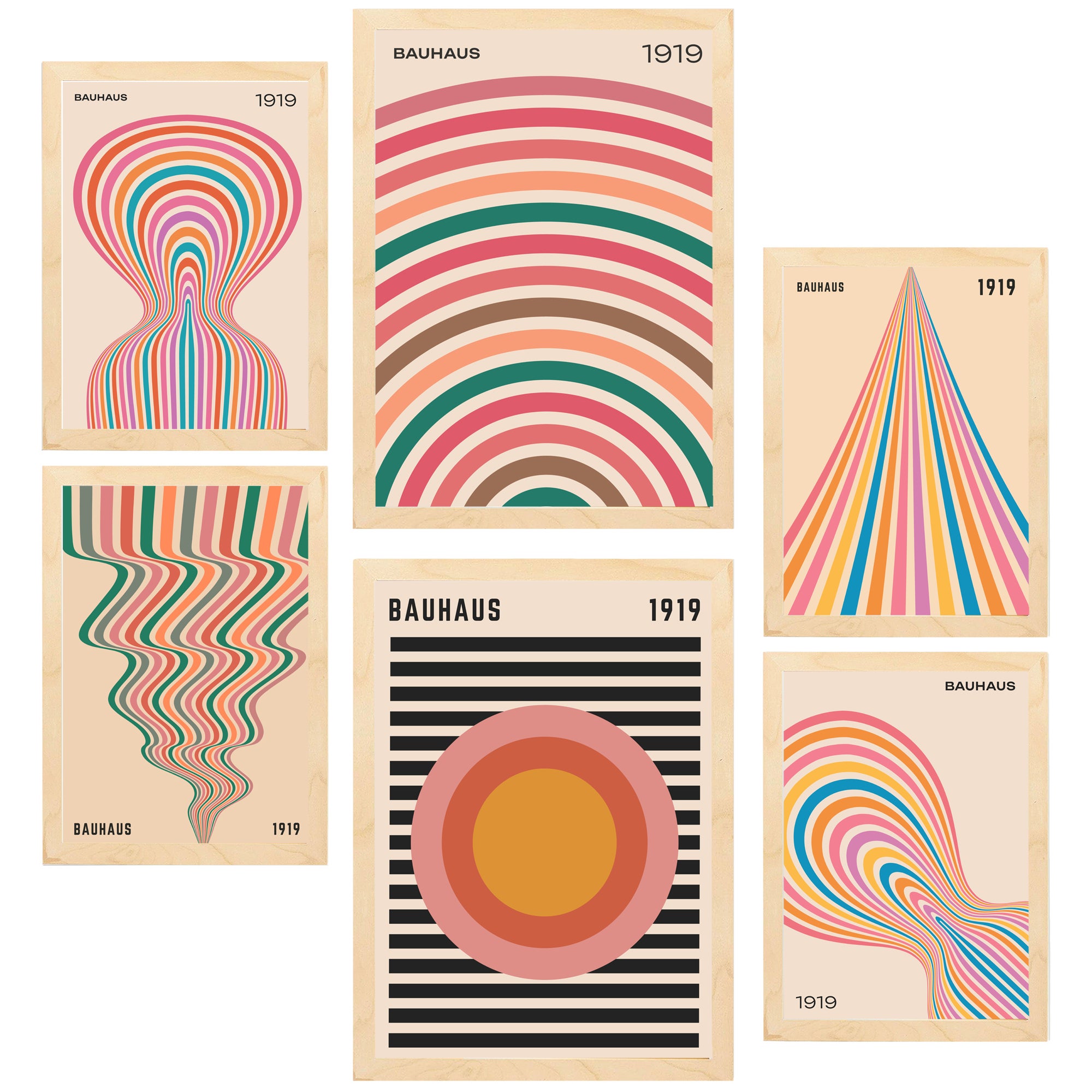 Nacnic set de 6 pósters geometrico bauhaus colores pastel marco madera clara