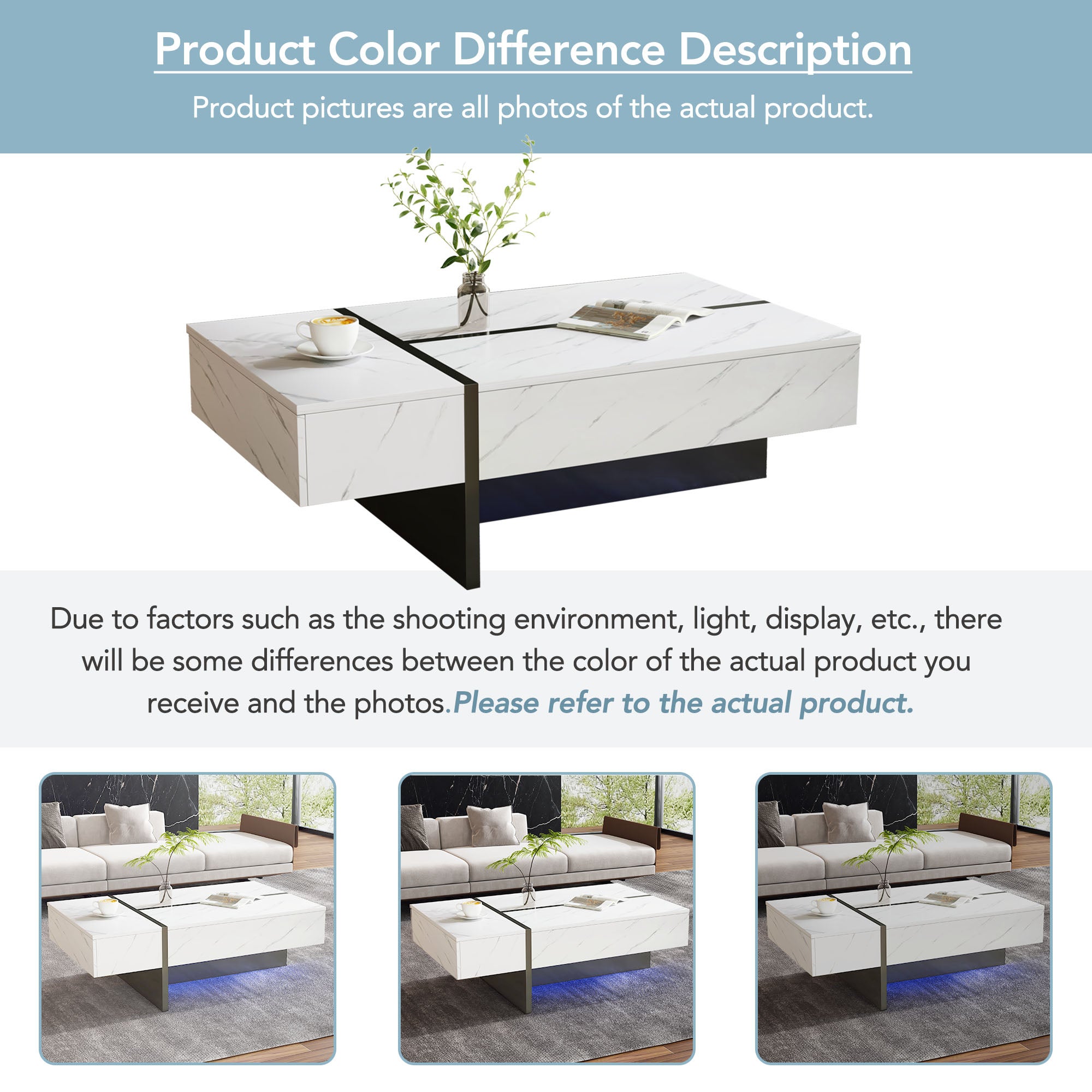 Table basse blanche moderne avec éclairage LED, motif marbre, plateau brillant - 105x60x35cm - 9