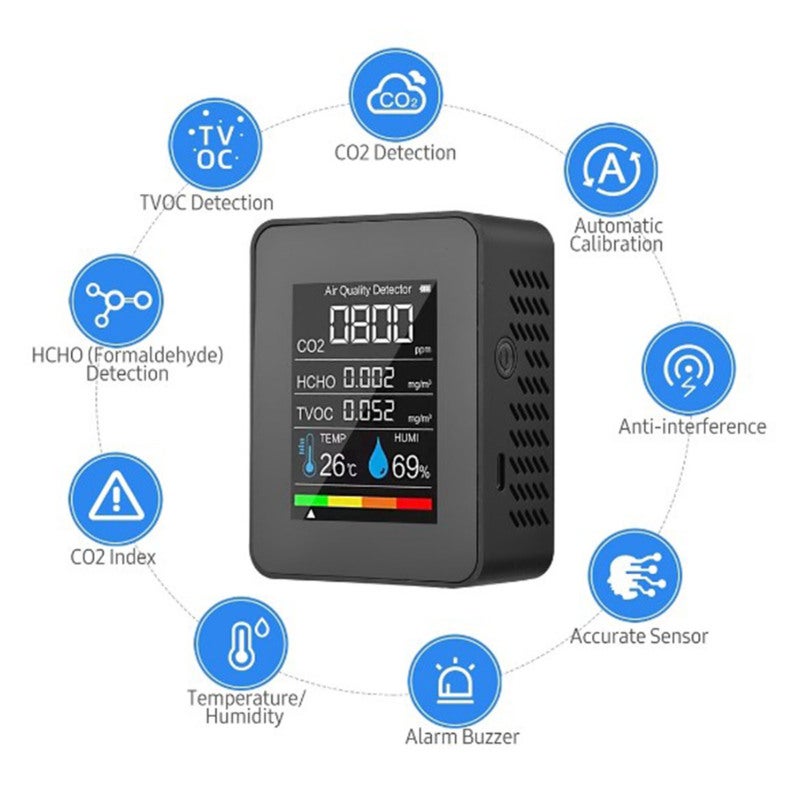 Detector de formaldehído, sensor TVOC, CO2, PM2.5, temperatura, humedad, analizador de calidad del aire 5 en 1, negro,detector co2 - 7
